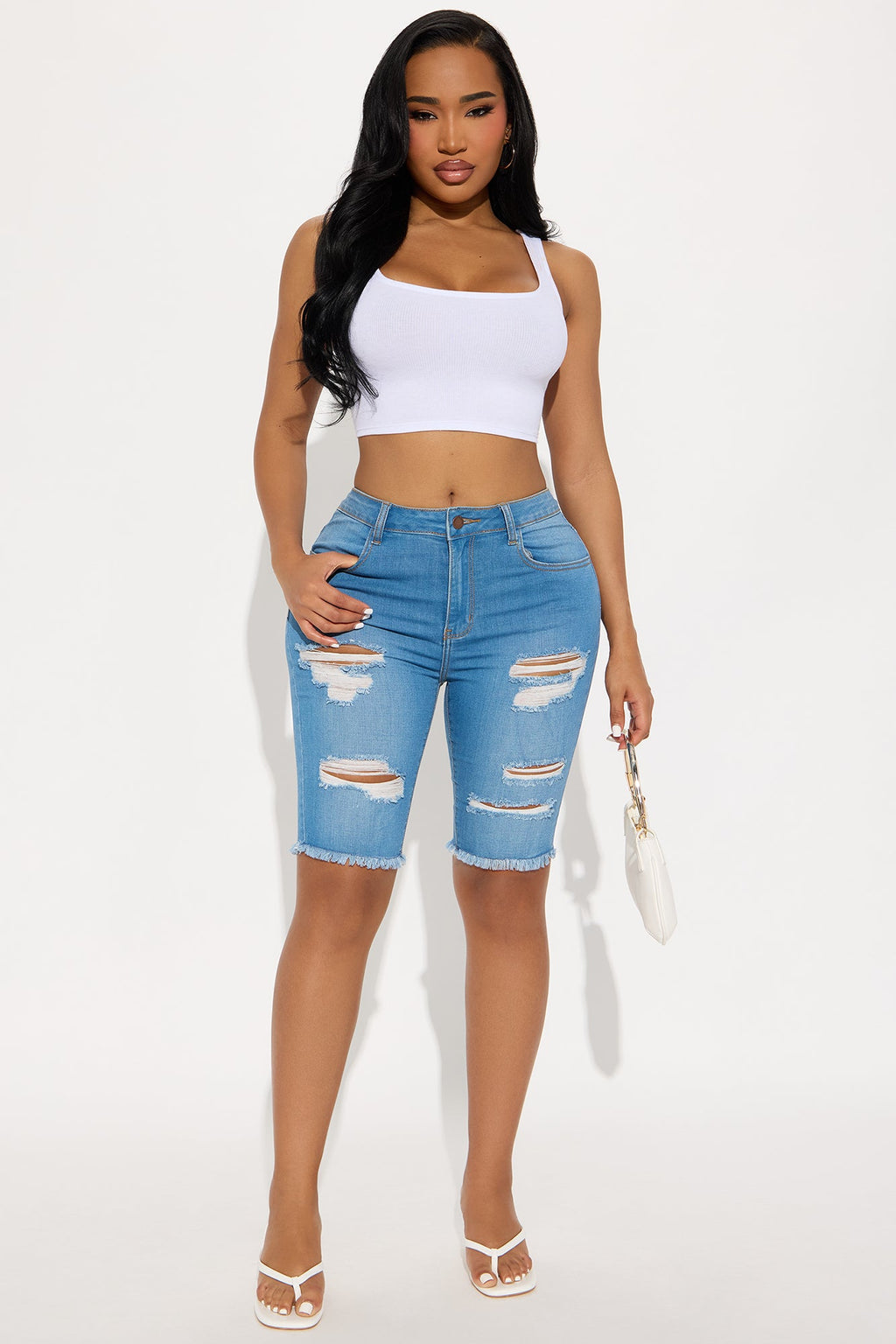 Live It Up Ripped Denim Bermuda Shorts - Medium Blue Wash