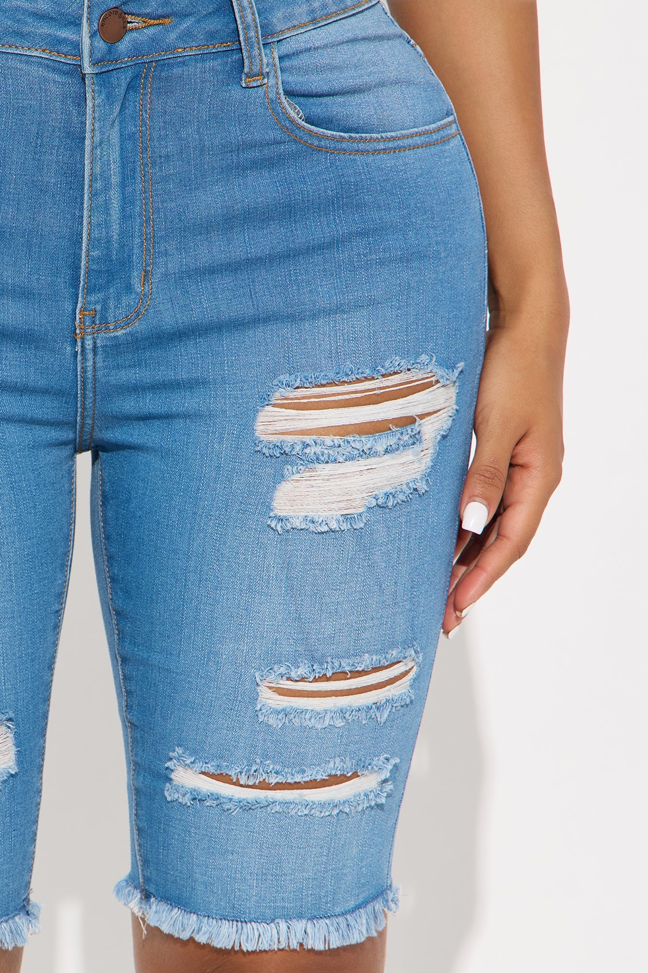 Live It Up Ripped Denim Bermuda Shorts - Medium Blue Wash