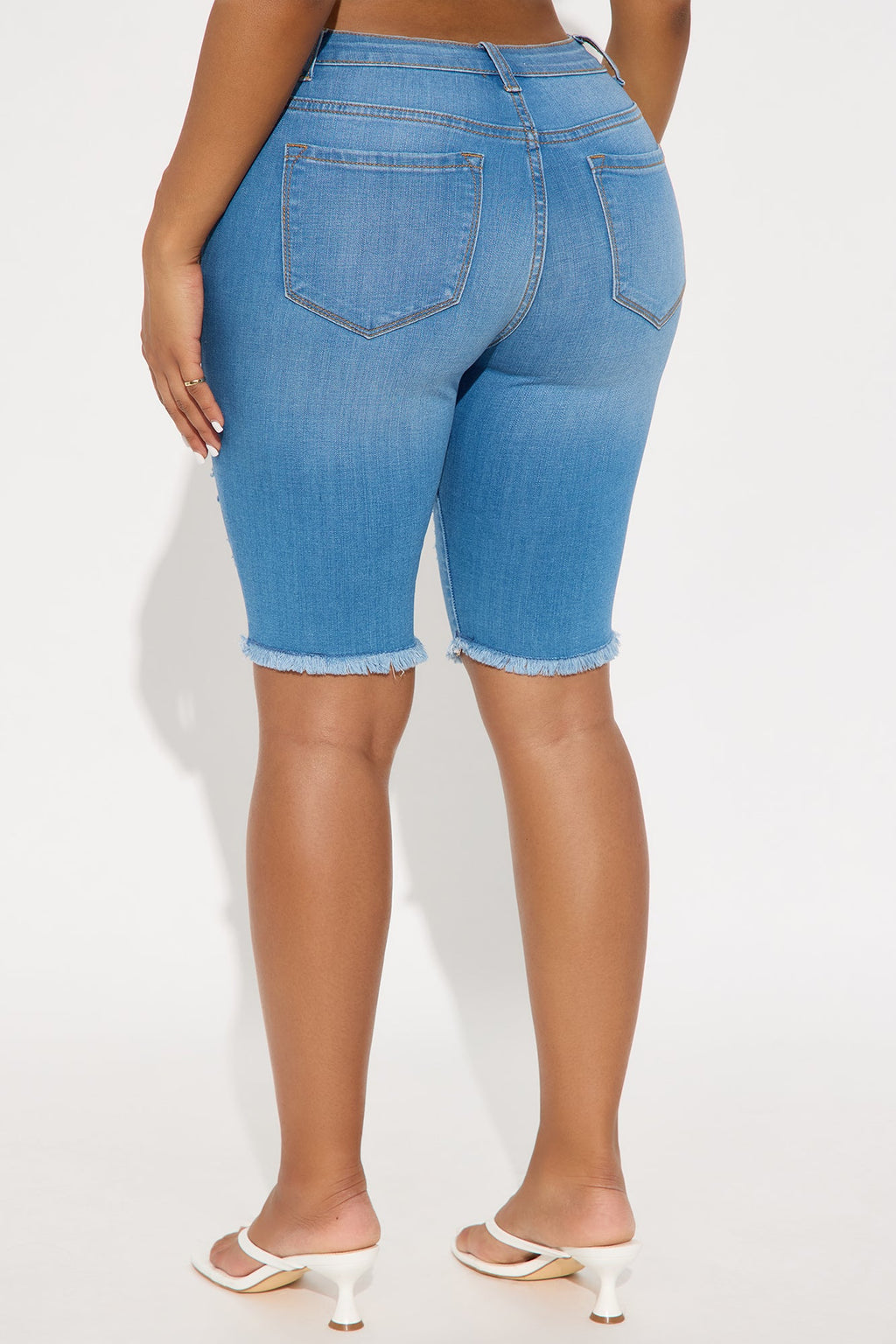 Live It Up Ripped Denim Bermuda Shorts - Medium Blue Wash