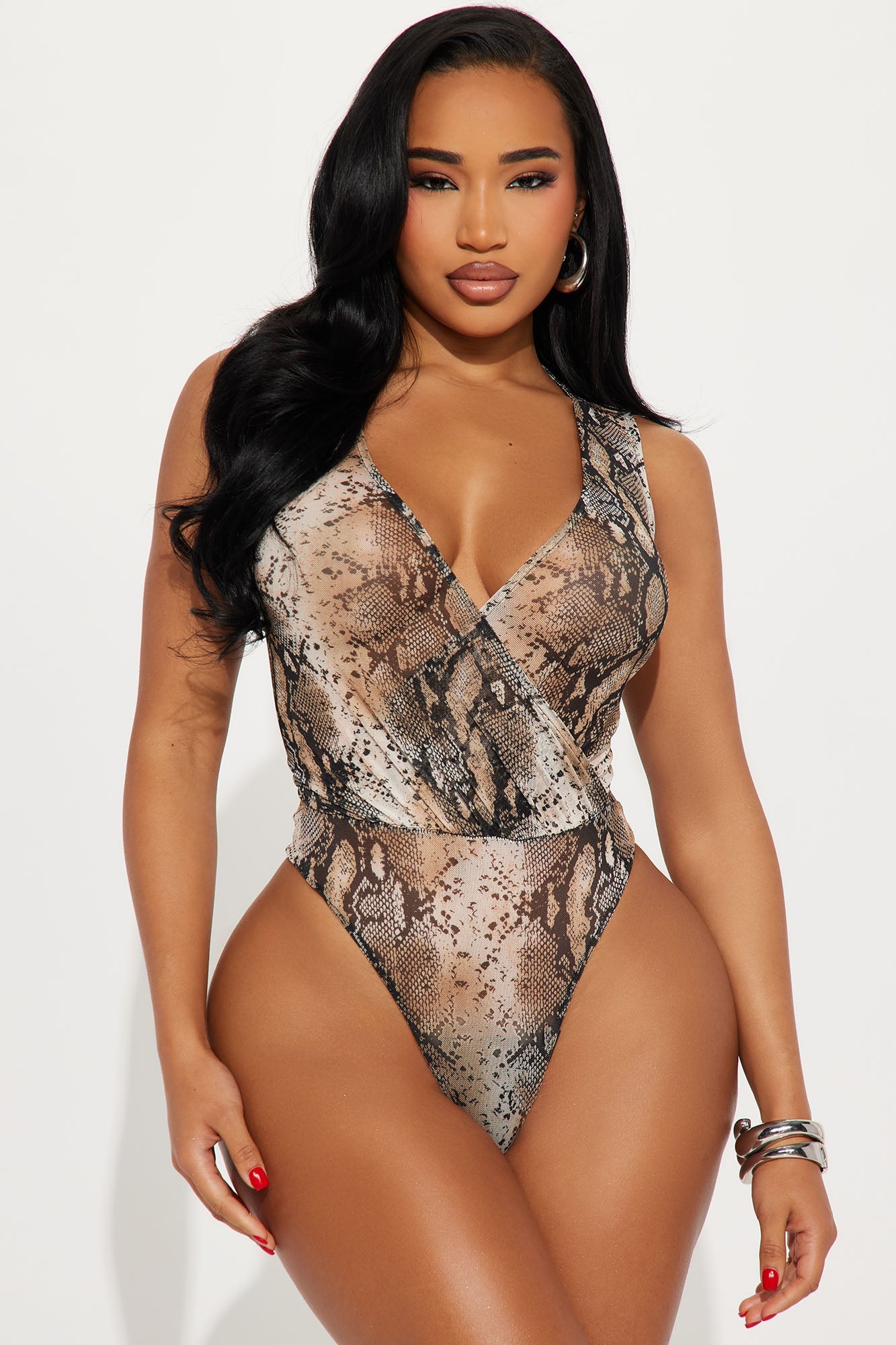 Strikingly Dangerous Surplice Bodysuit - Brown/combo