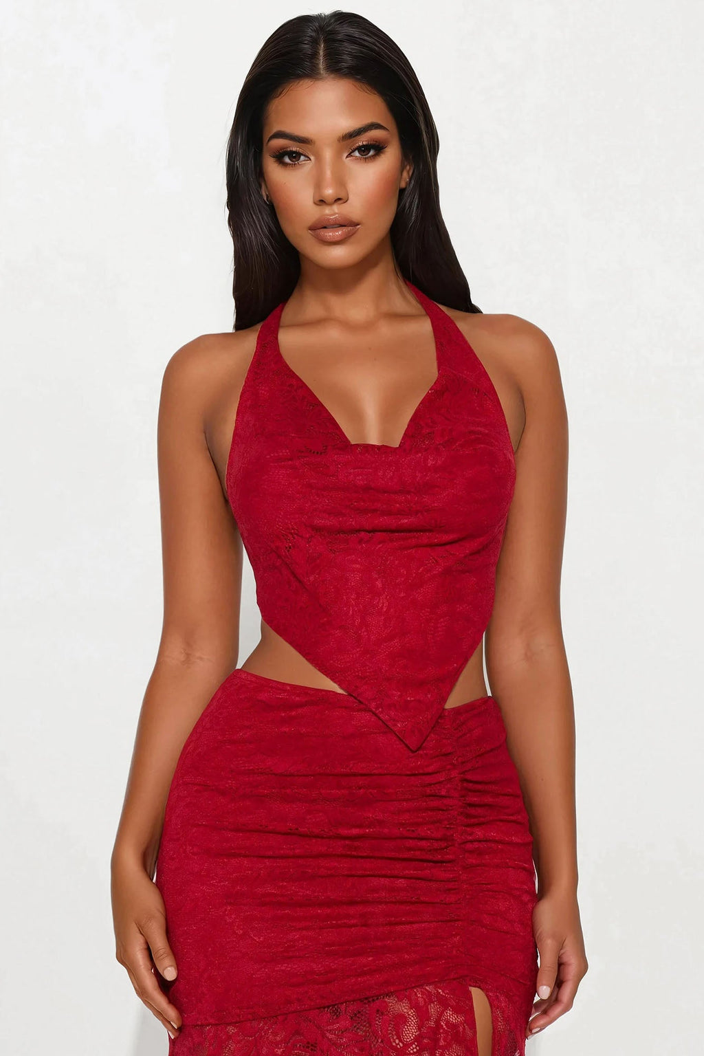 Red Wine Lace Maxi Skirt Set - Red