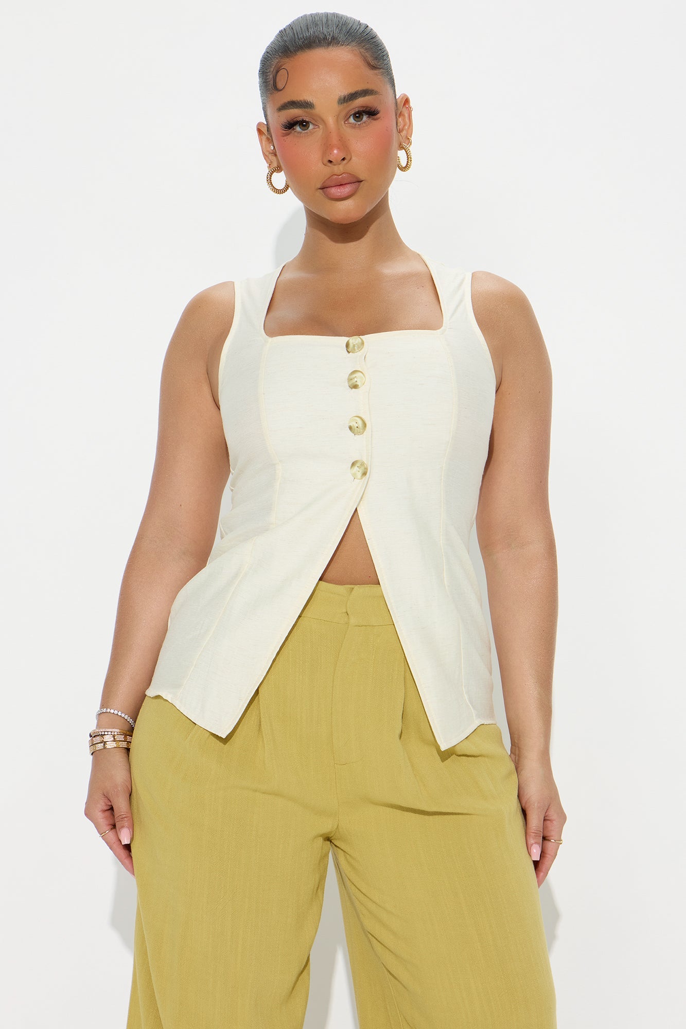 Keep It Simple Button Front Linen Vest - Natural