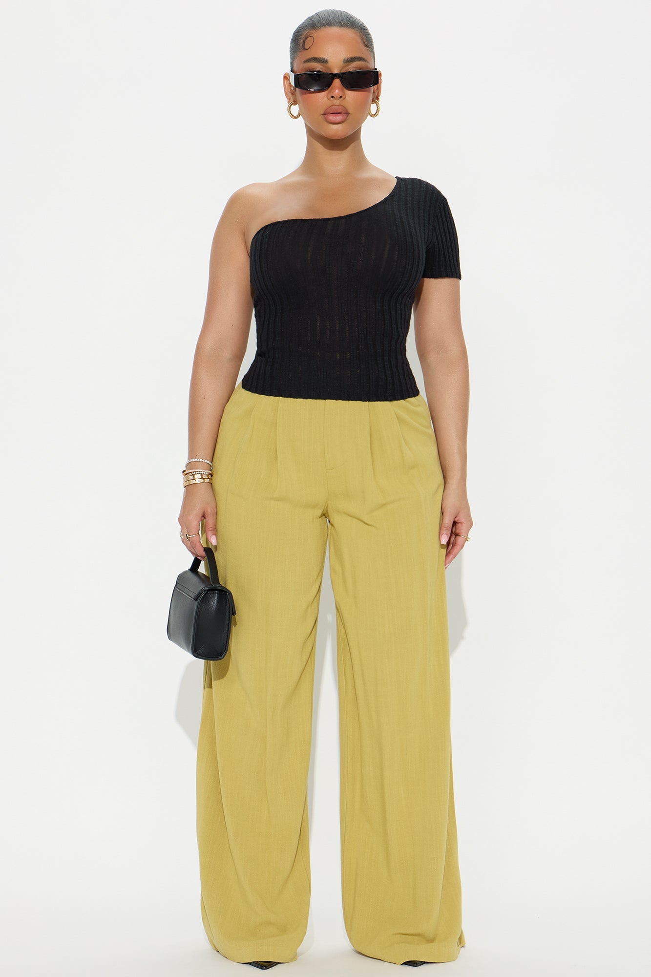 Stevie Ribbed One Shoulder Top - Black