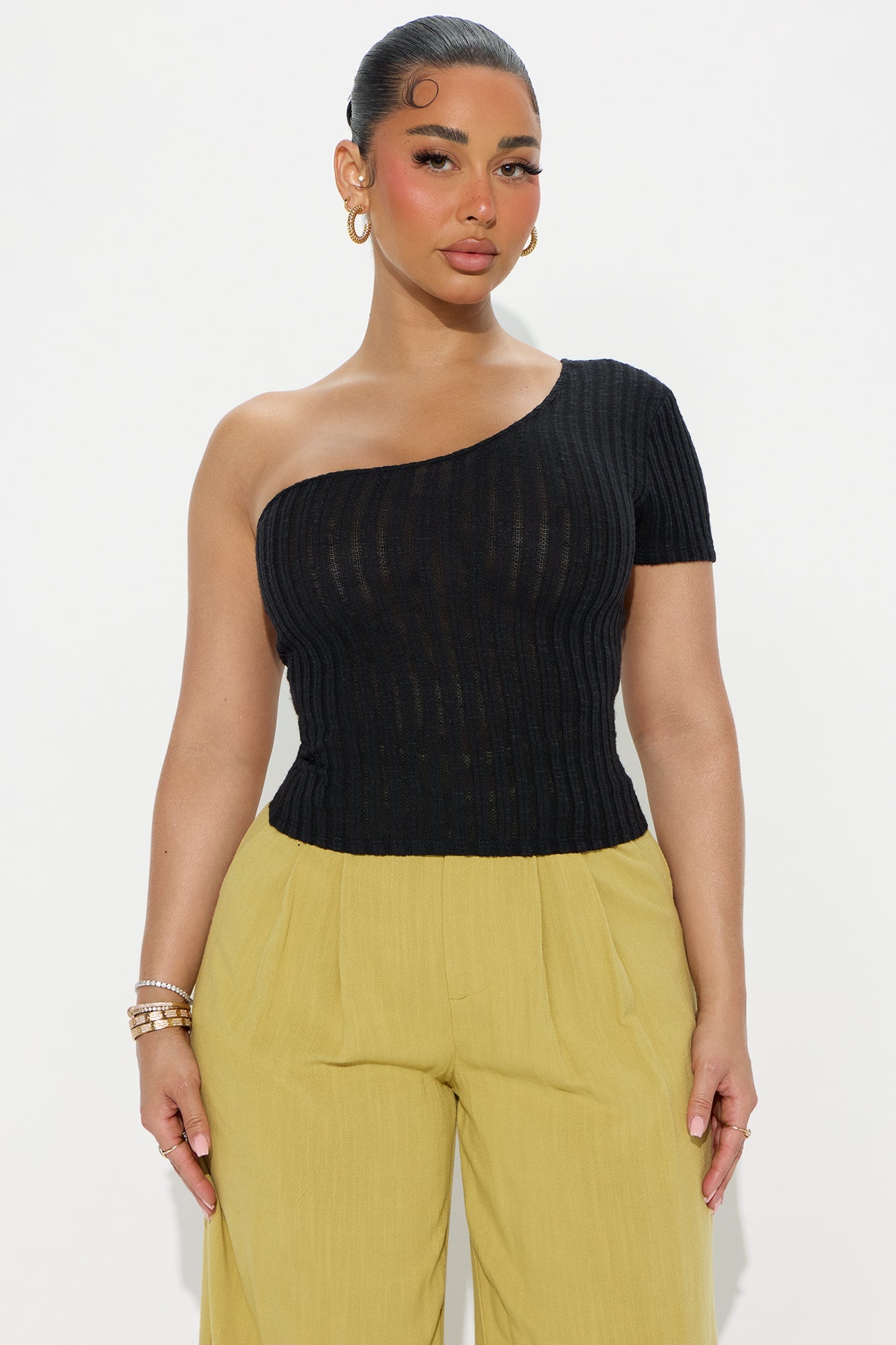 Stevie Ribbed One Shoulder Top - Black