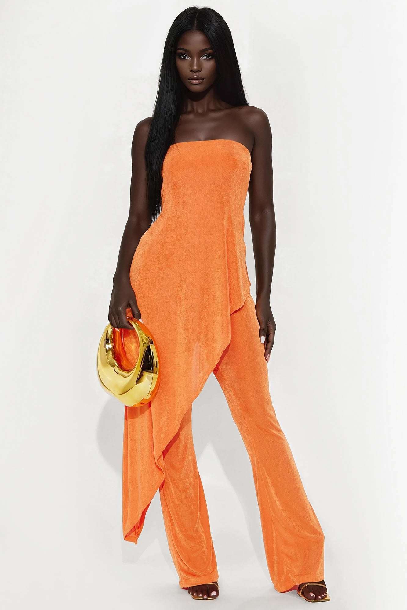 Lea Asymmetrical Top And Pant Set - Orange