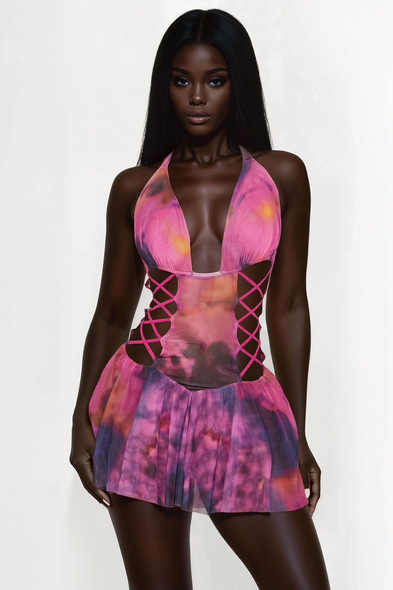 Selma Mesh Micro Mini Dress - Magenta/combo