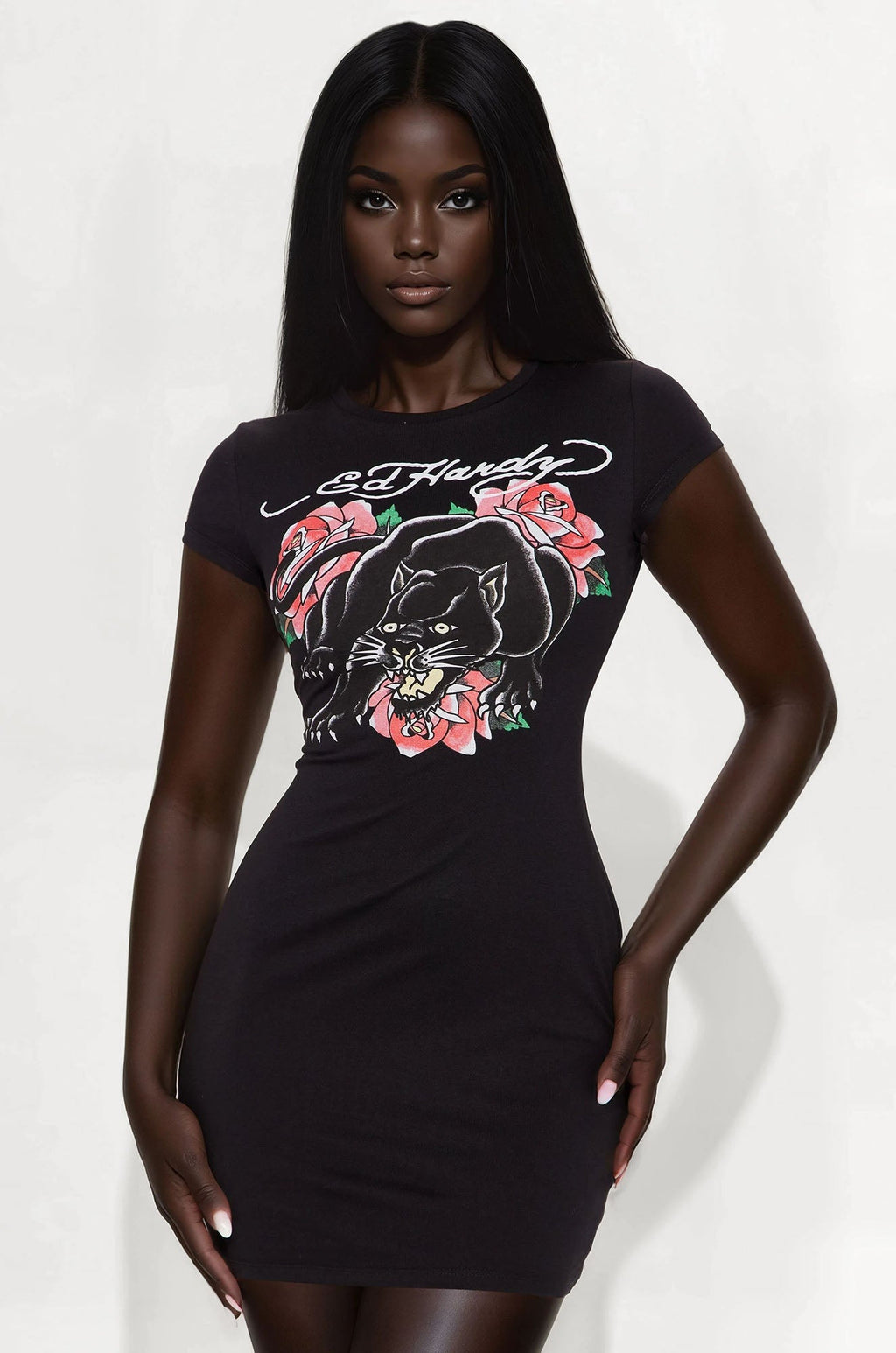 Ed Hardy Panther Roses T Shirt Mini Dress - Black