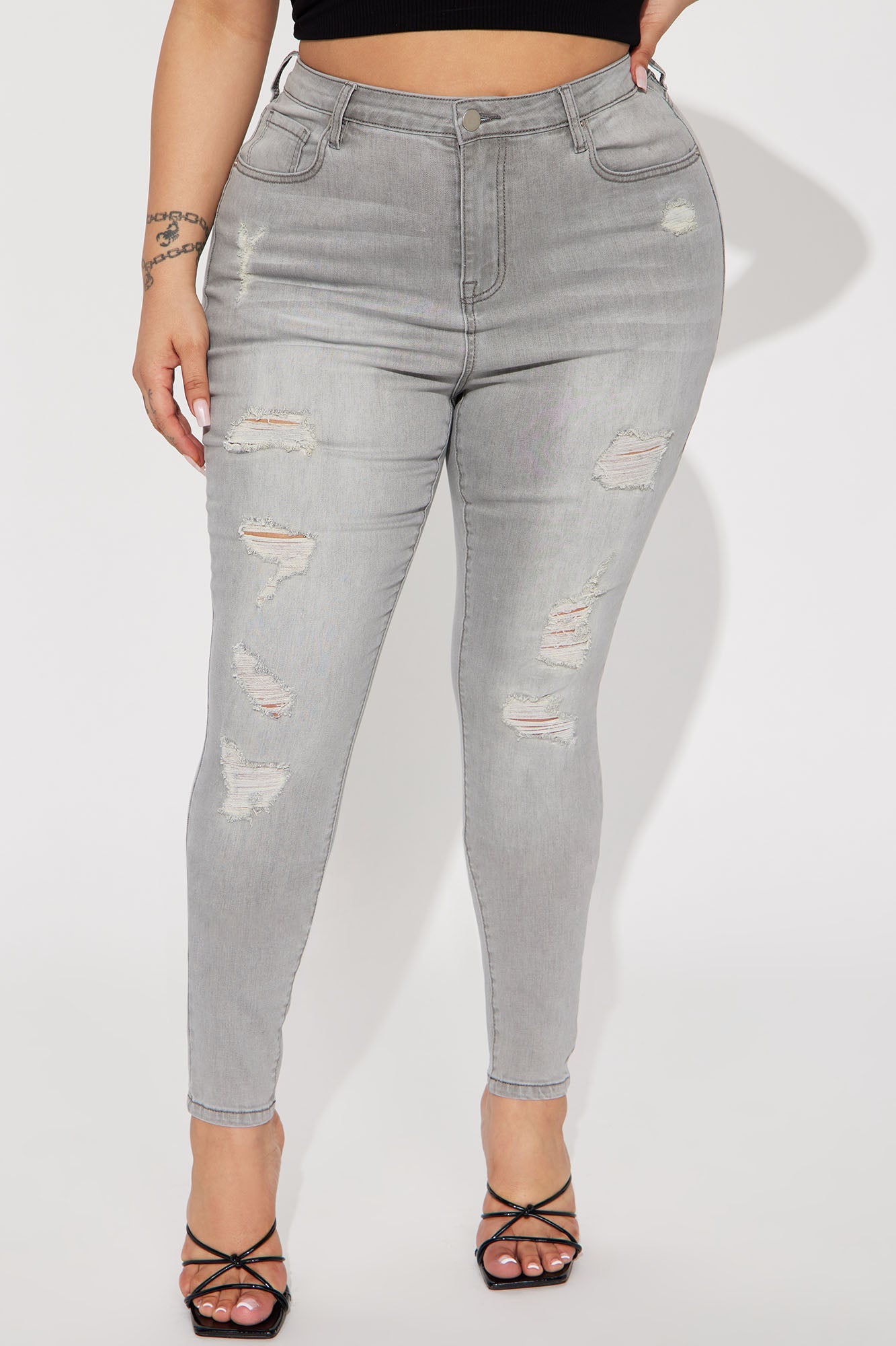 Rosie Ripped High Rise Stretch Skinny Jeans - Grey
