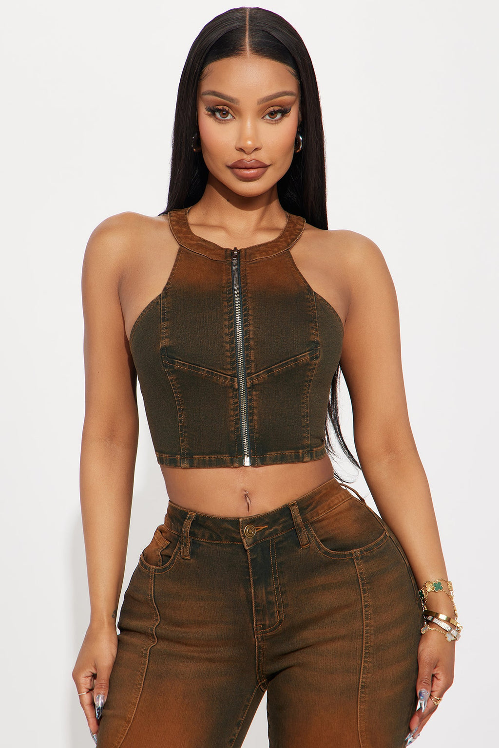 Passing Through Racerback Denim Top - Brown