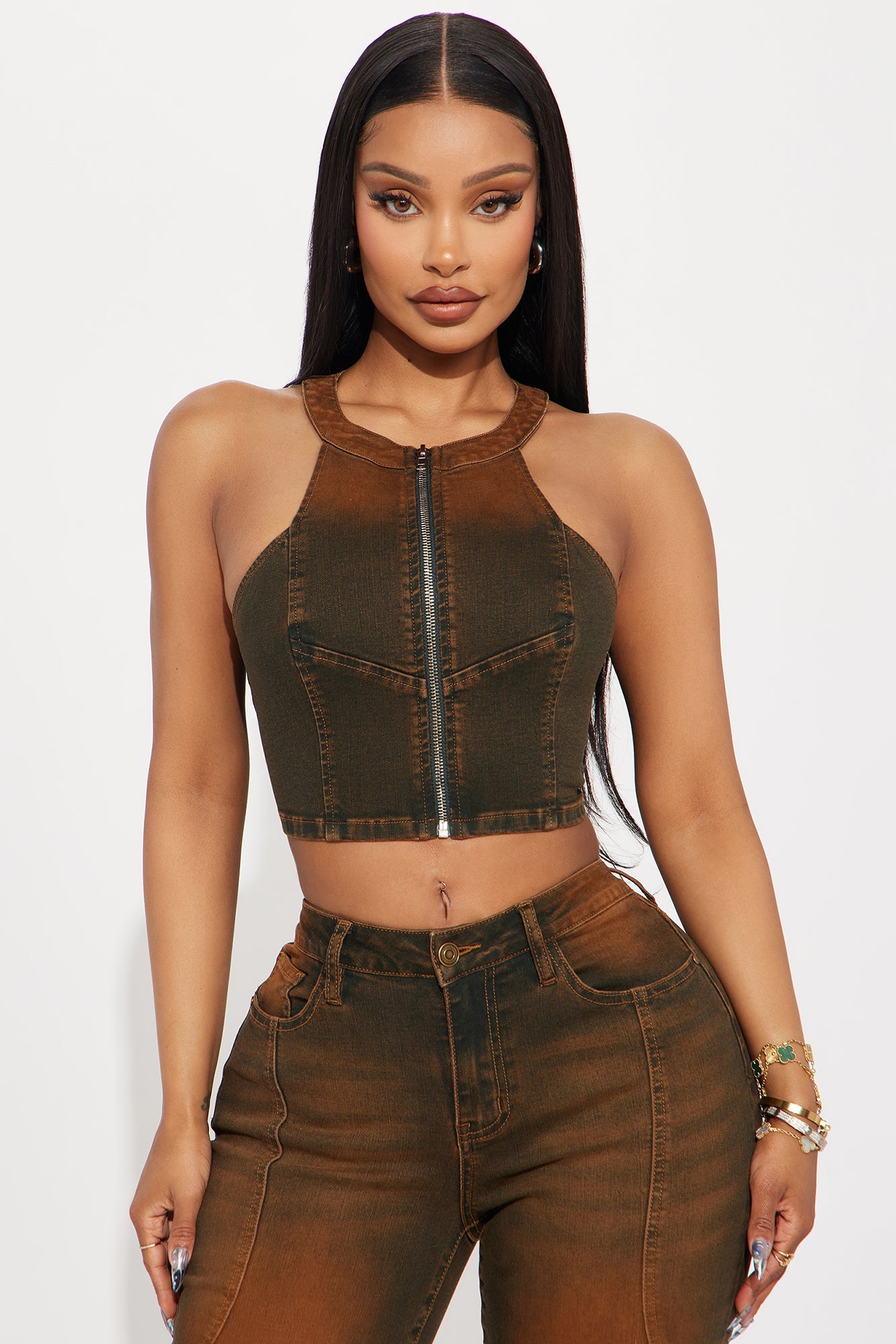 Passing Through Racerback Denim Top - Brown