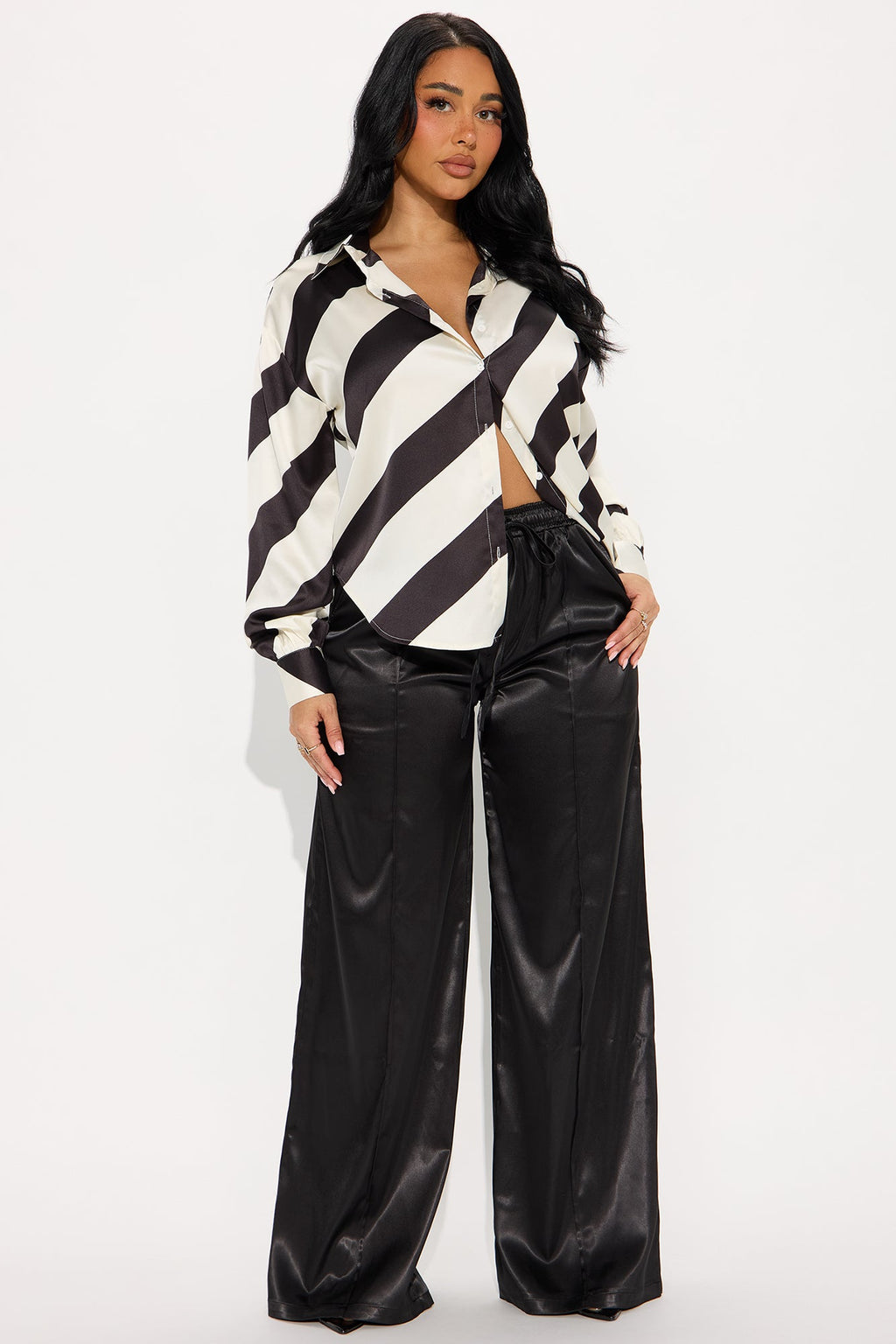 Amari Striped Satin Button Up Shirt - Black/White