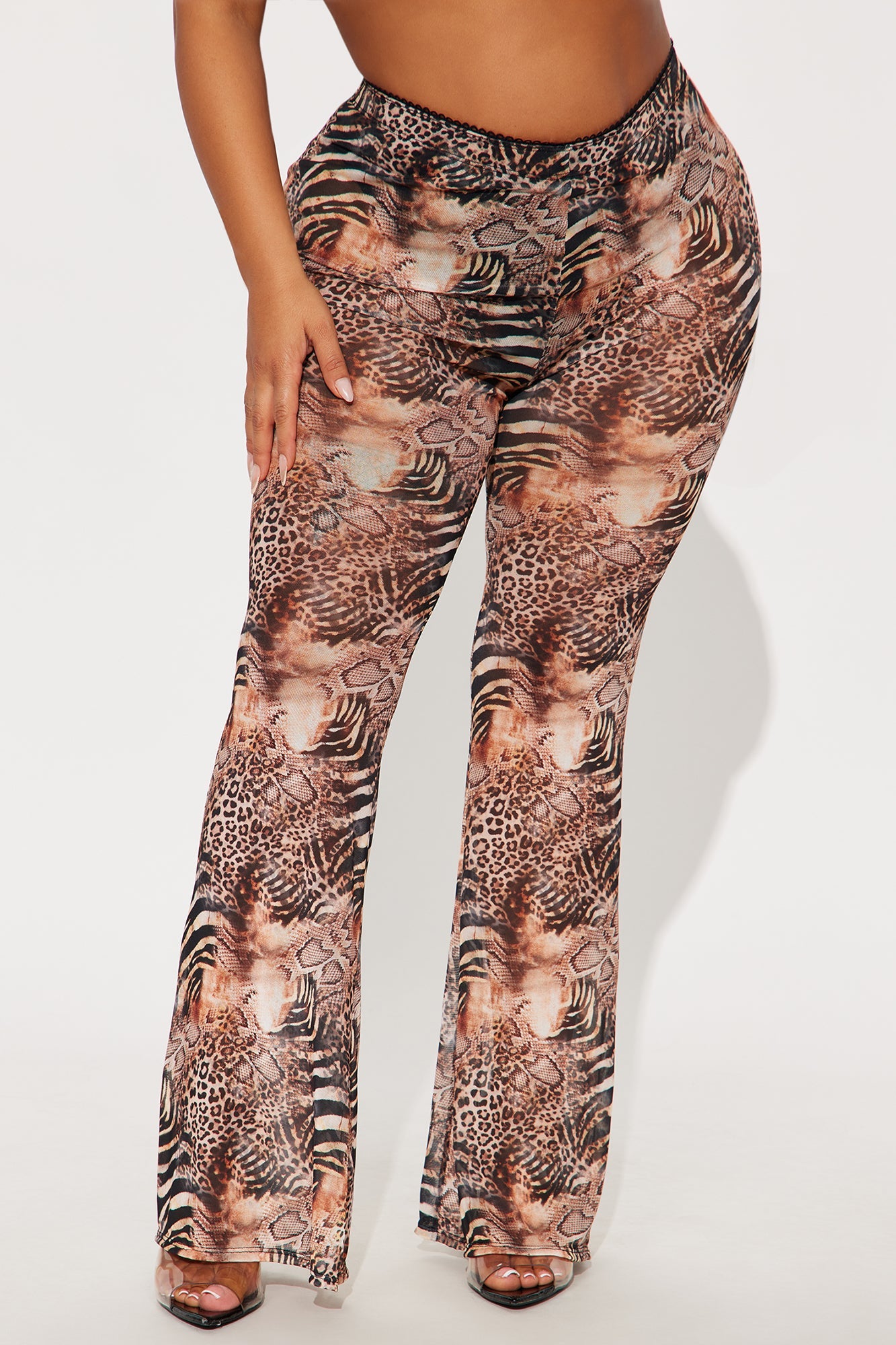 Talk To You Later Animal Print Mesh Flare Pant - Brown/combo