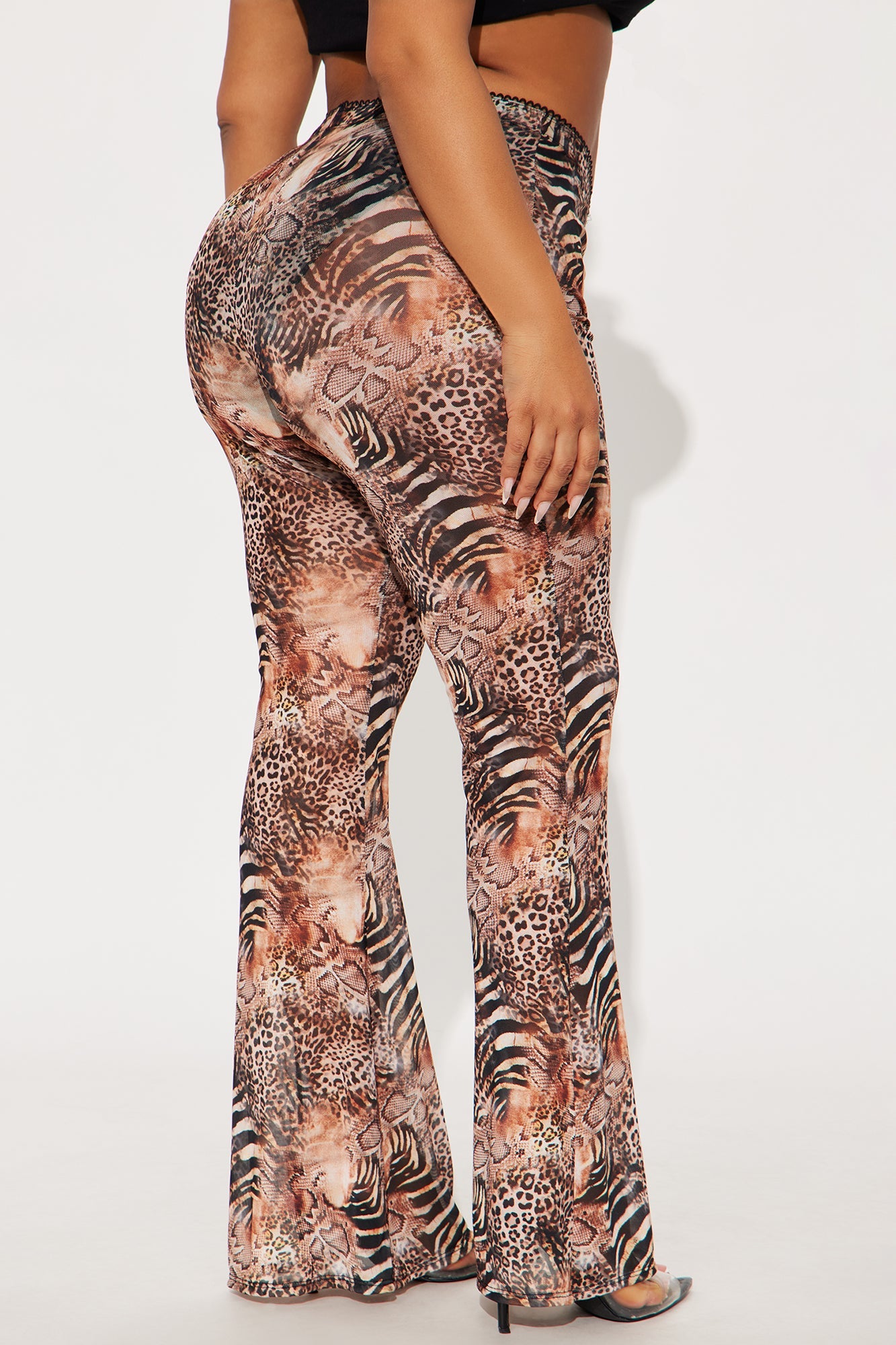 Talk To You Later Animal Print Mesh Flare Pant - Brown/combo