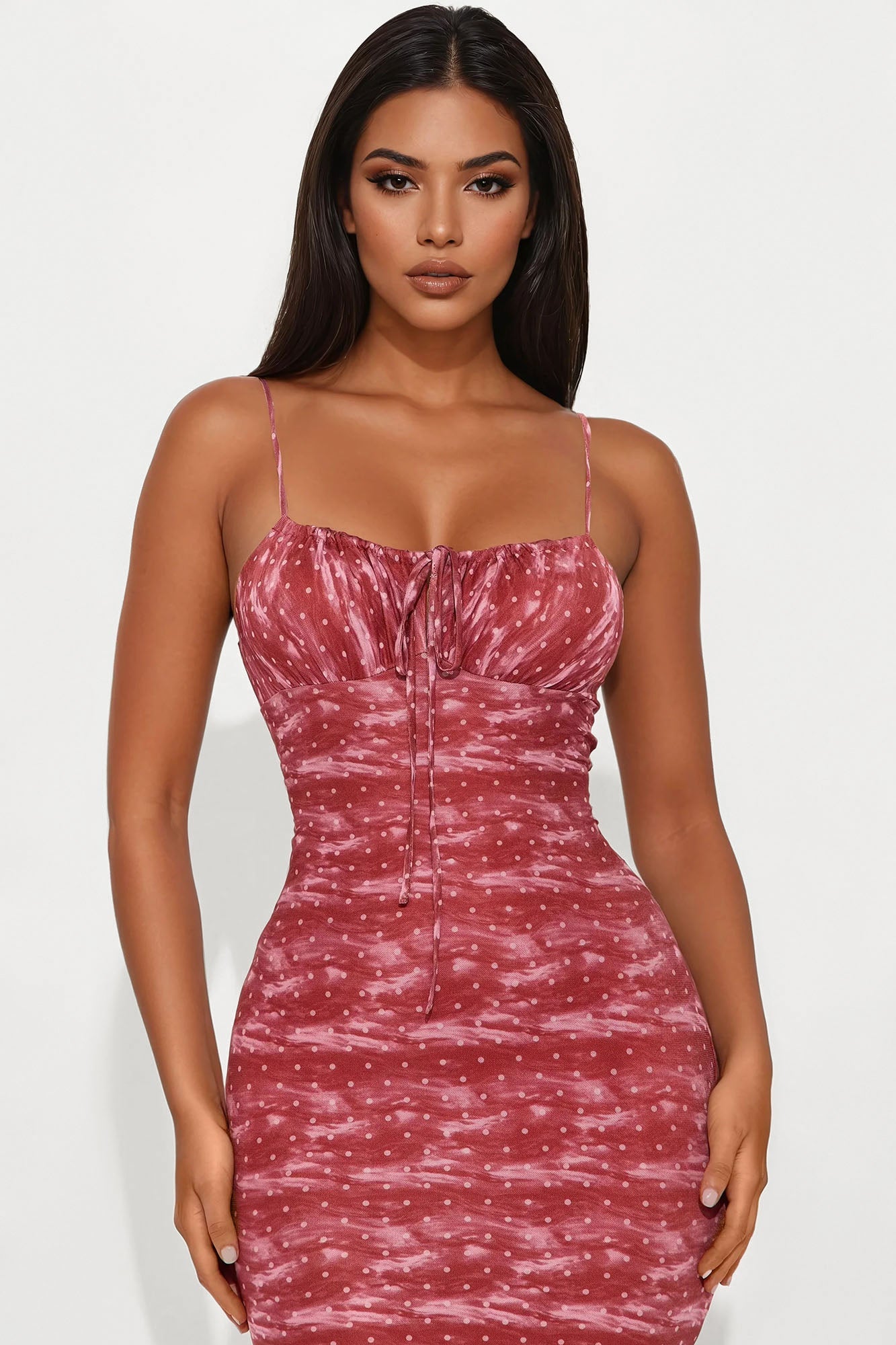 Wild Daydream Polka Dot Mesh Midi Dress - Red