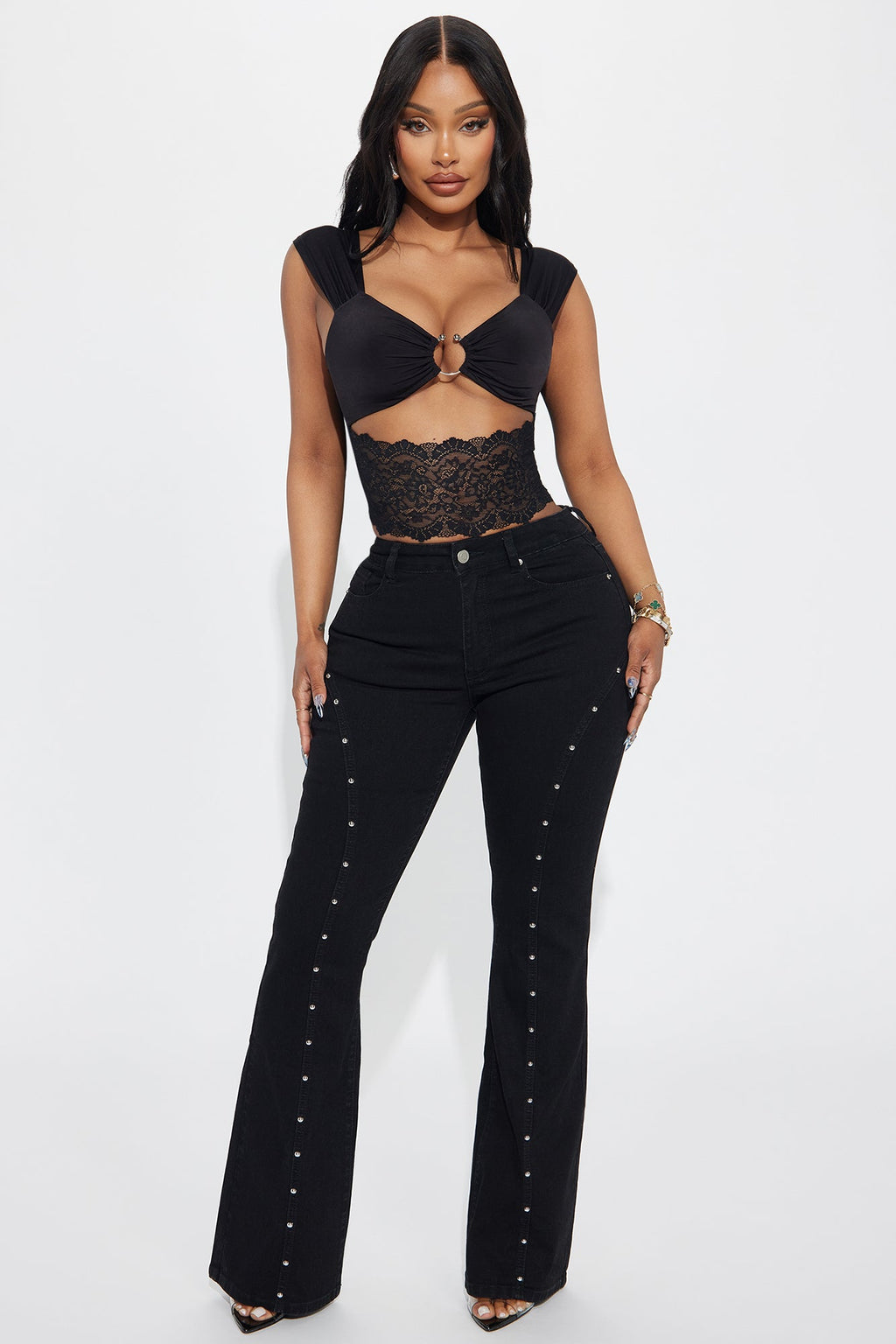 Well Deserved Studded Stretch Flare Jeans - Black