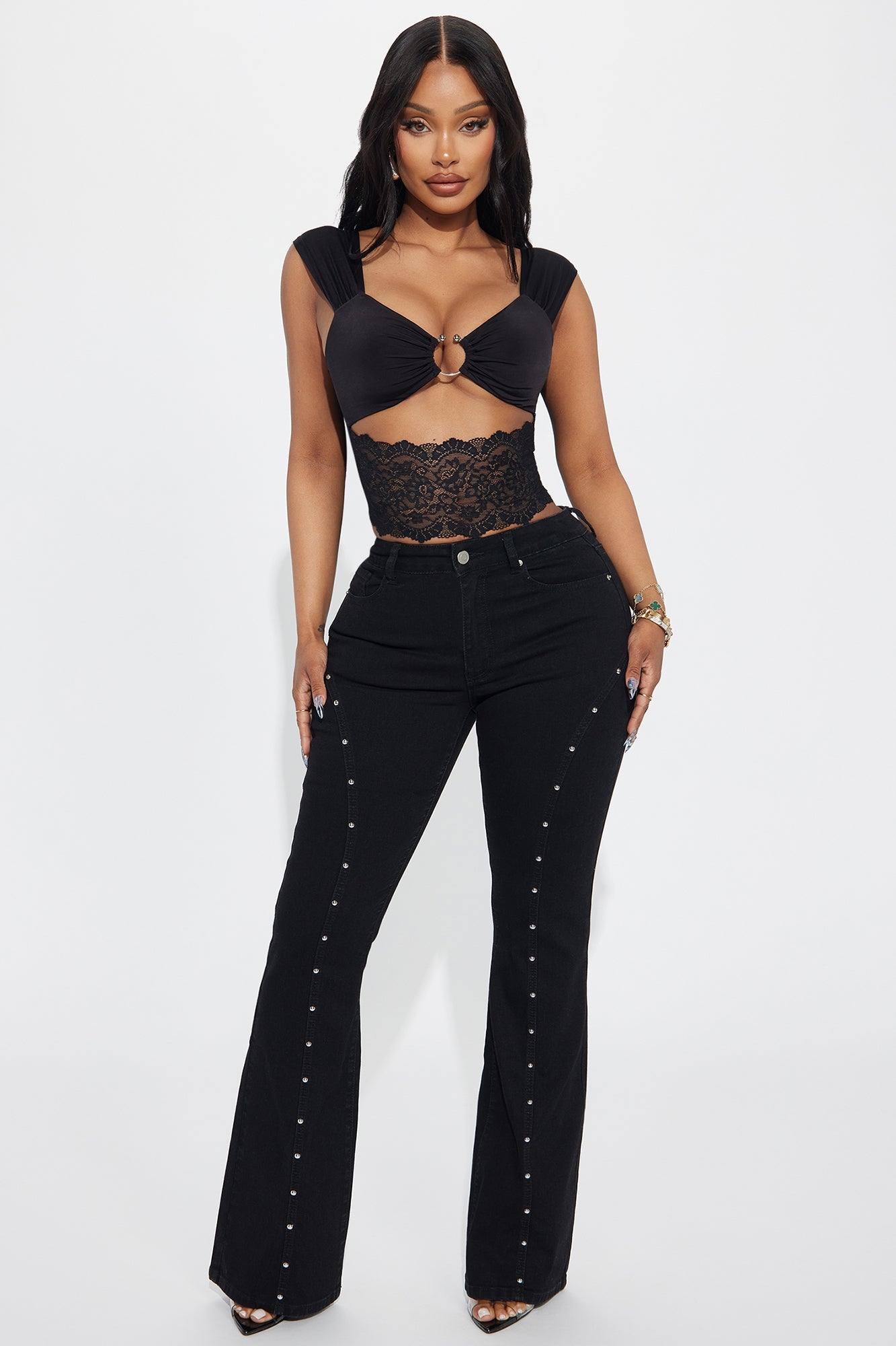 Well Deserved Studded Stretch Flare Jeans - Black