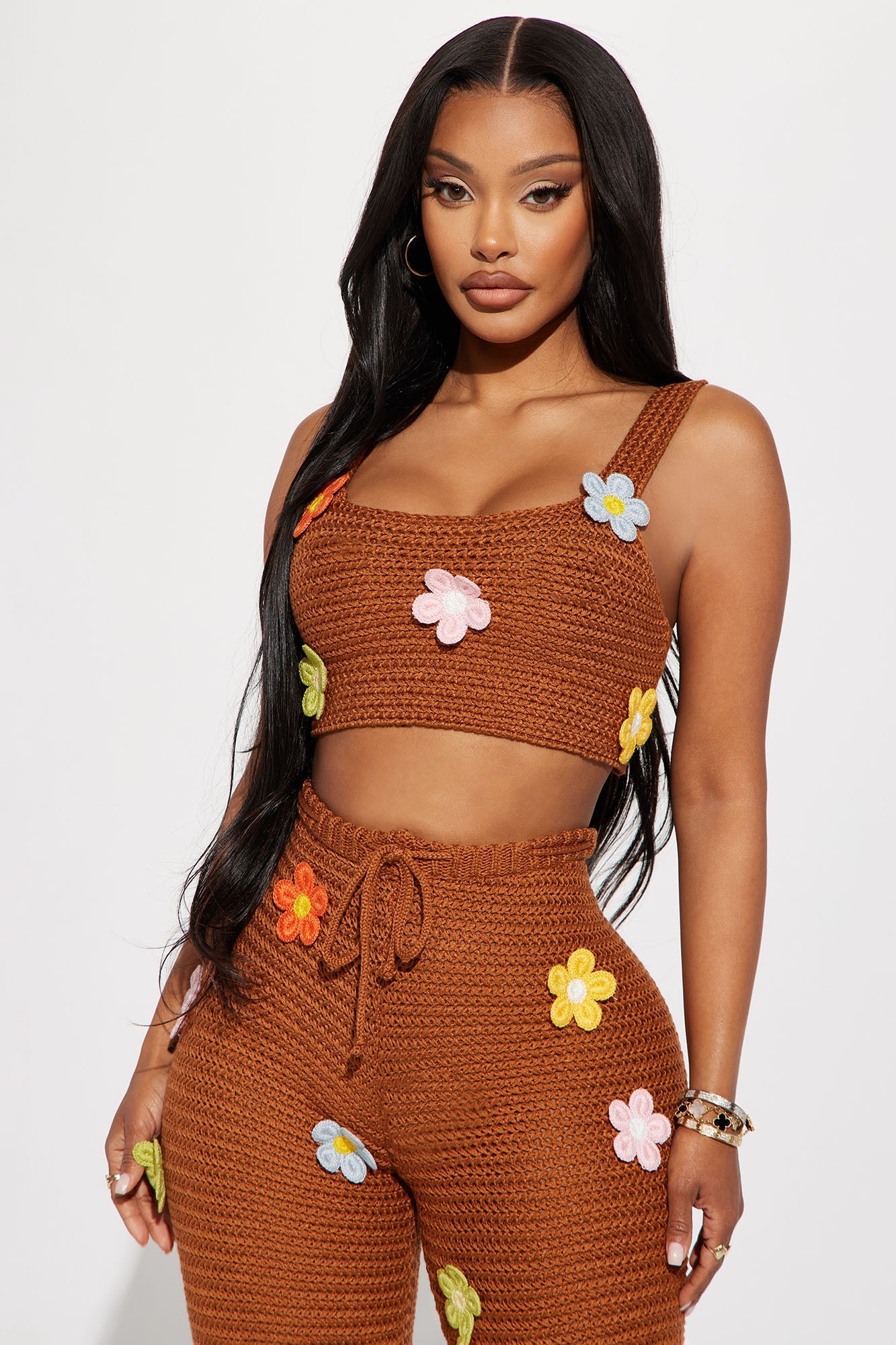Floral Fields Crochet Pant Set - Mocha