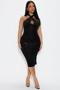 On The Prowl Zebra Velvet Mesh Midi Dress - Black