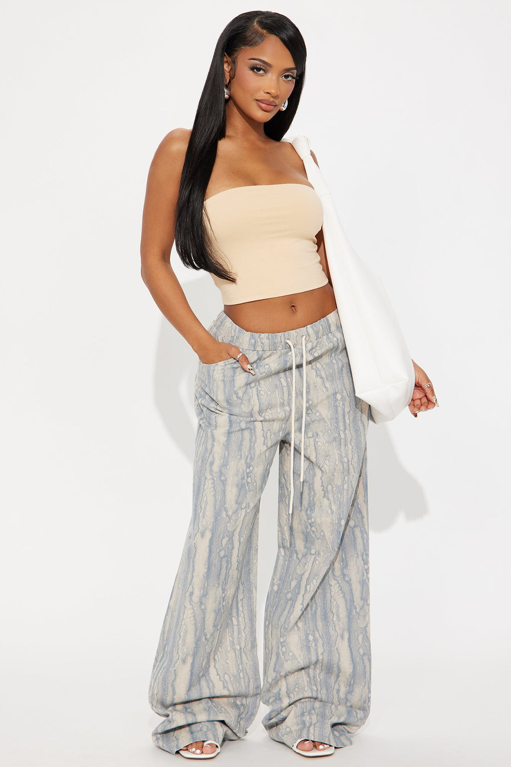 Watermark Pull On Printed Wide Leg Jeans - Blue Wash