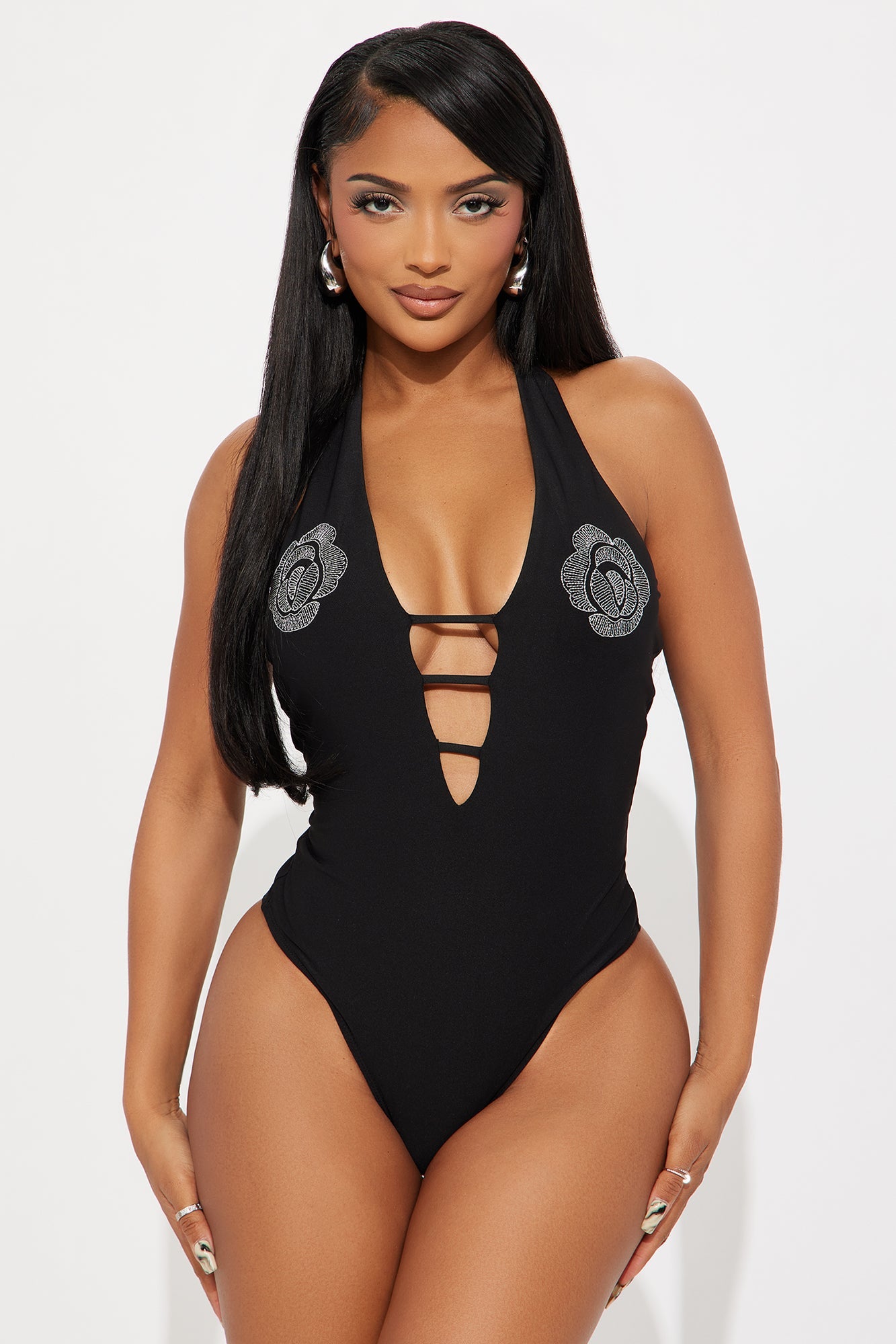 Rose Thorns Embroidered Halter Bodysuit - Black
