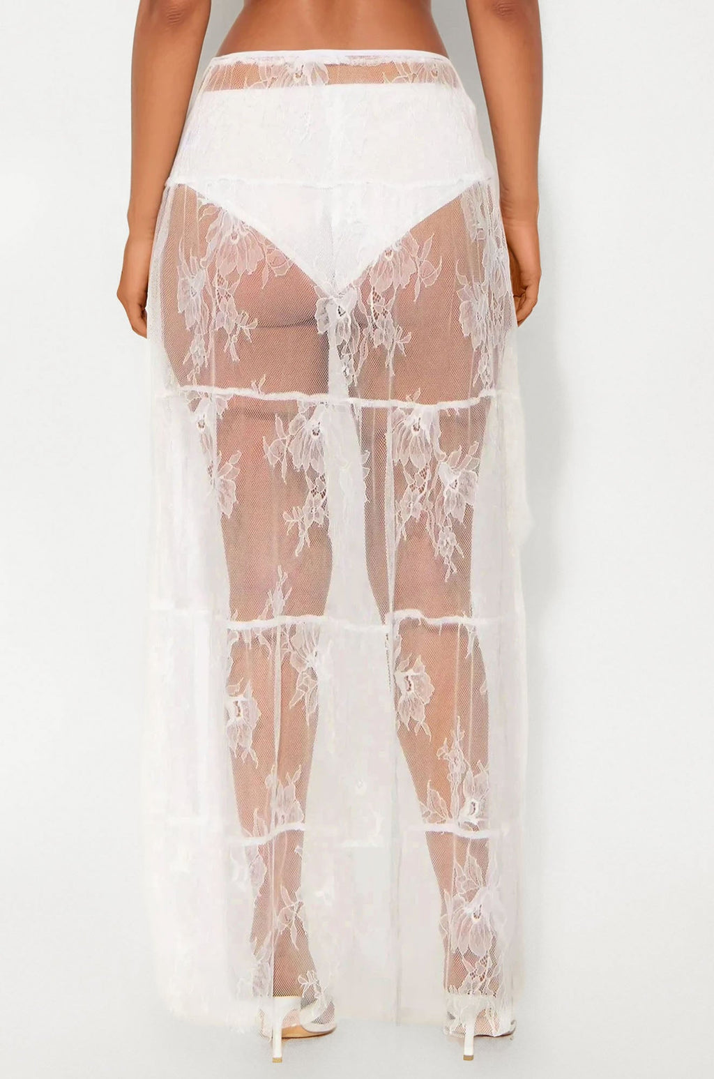 Falling For You Mid Rise Sheer Lace Maxi Skirt - White