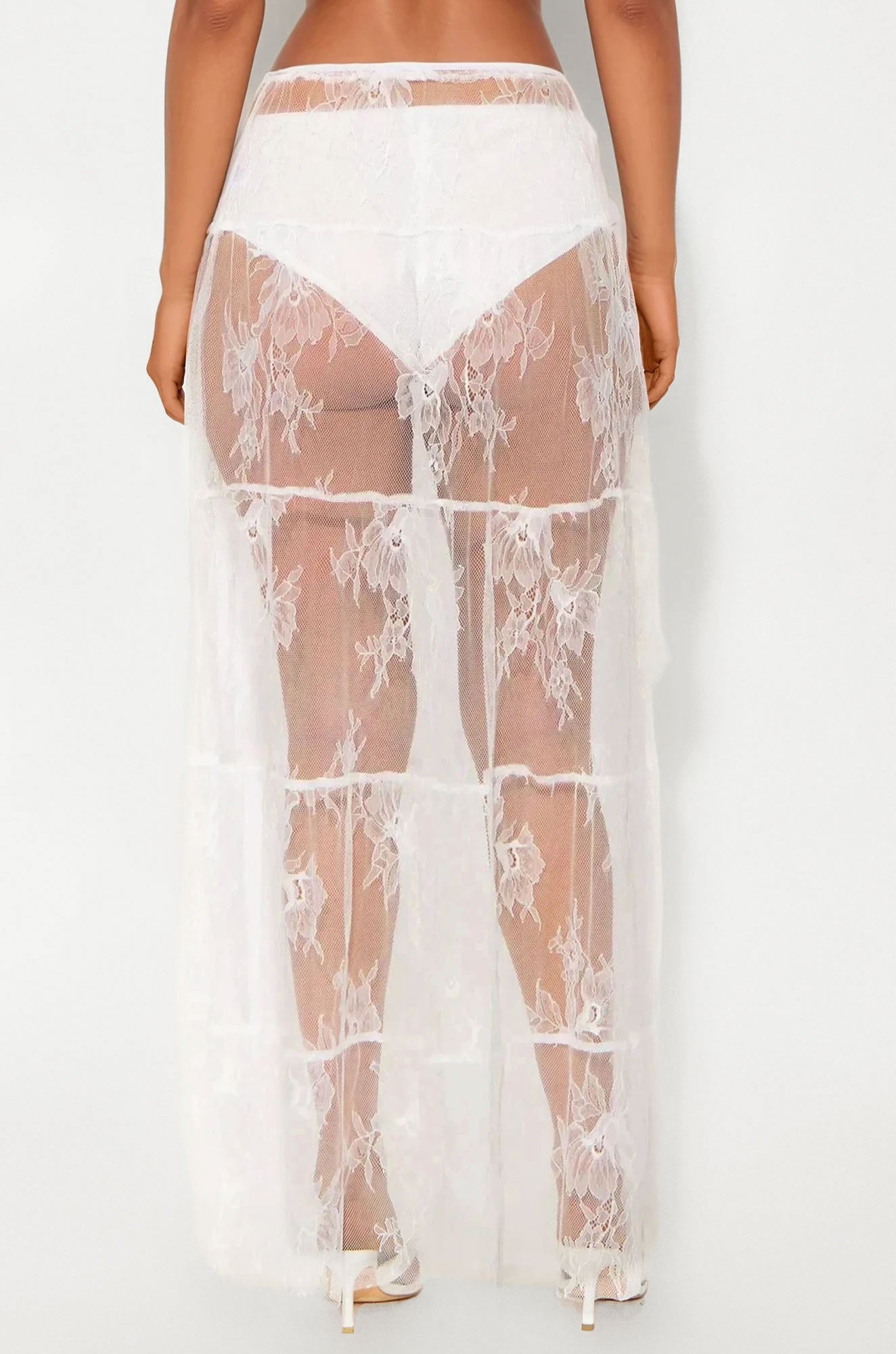 Falling For You Mid Rise Sheer Lace Maxi Skirt - White