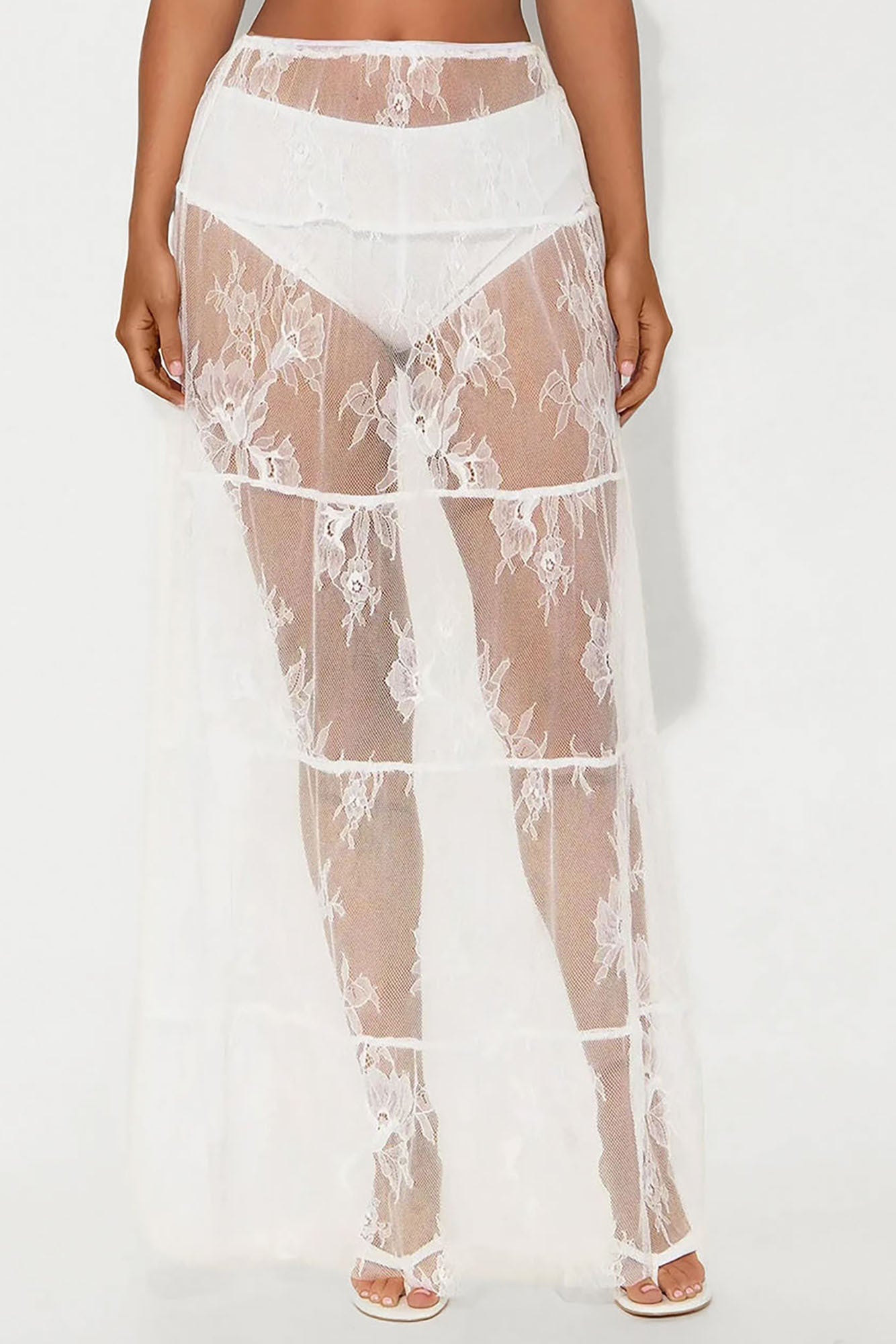 Falling For You Mid Rise Sheer Lace Maxi Skirt - White