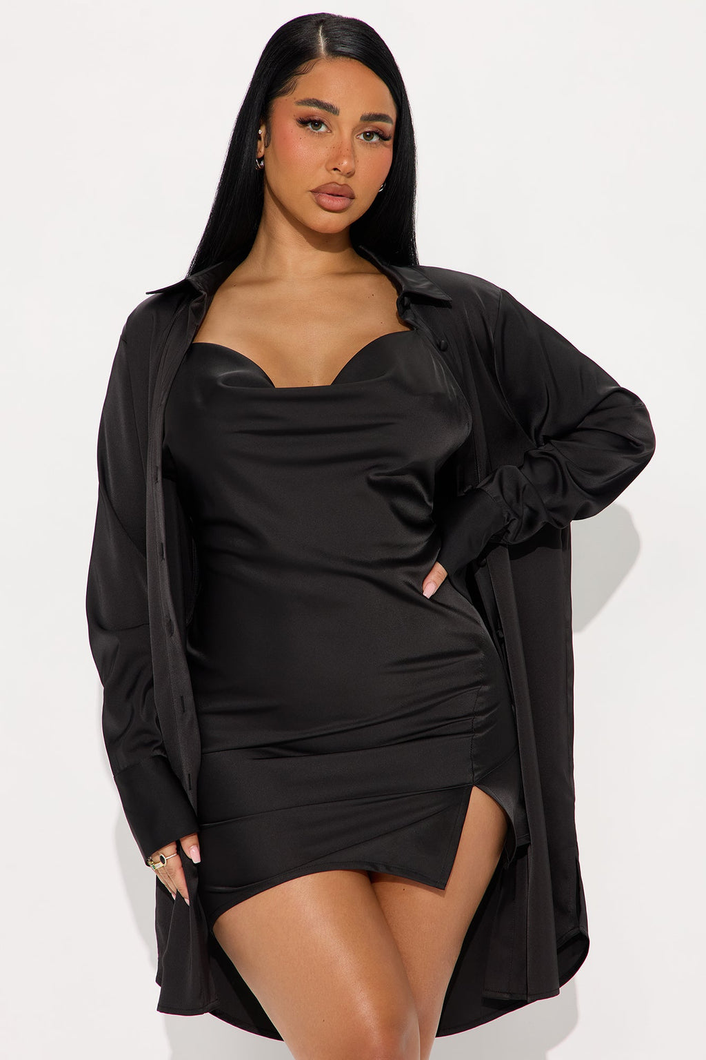 Adria Satin Mini Dress Set - Black