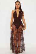 Falling For You Mid Rise Sheer Lace Maxi Skirt - Chocolate