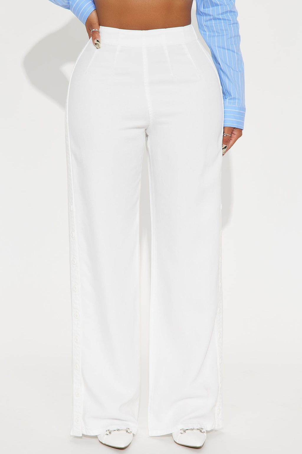 Tina Snap Button Wide Leg Twill Trouser - White