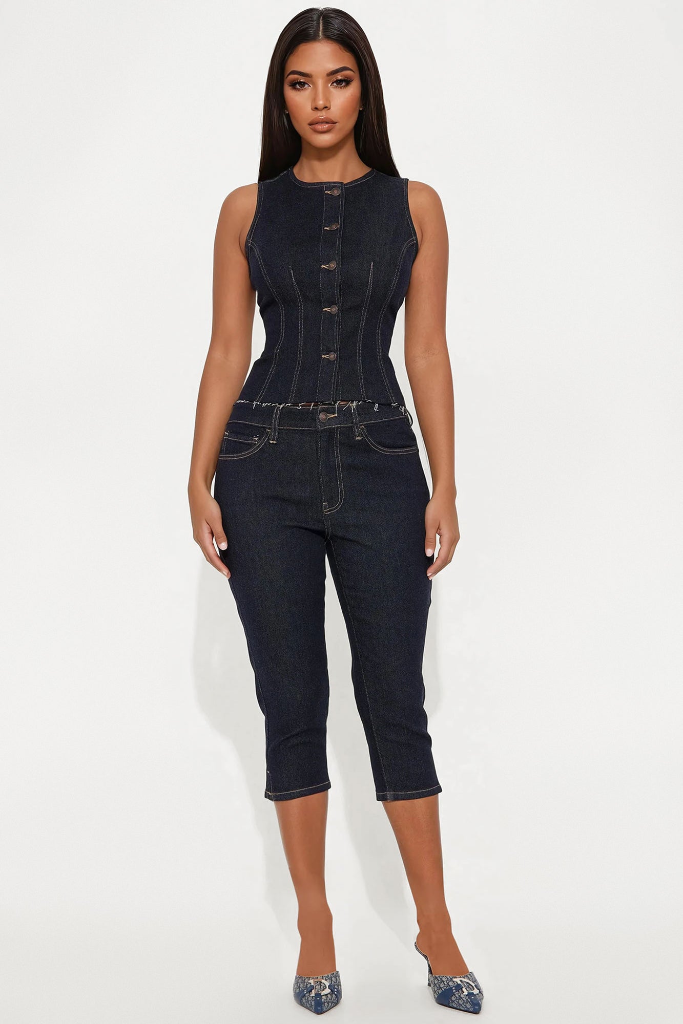 Dakota Denim Vest And Capri Set - Dark Wash