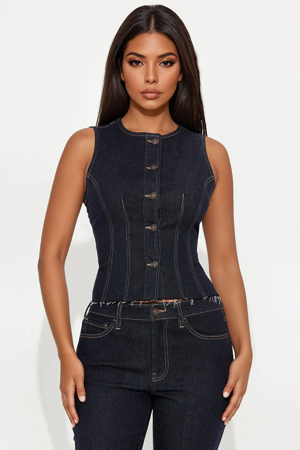 Dakota Denim Vest And Capri Set - Dark Wash