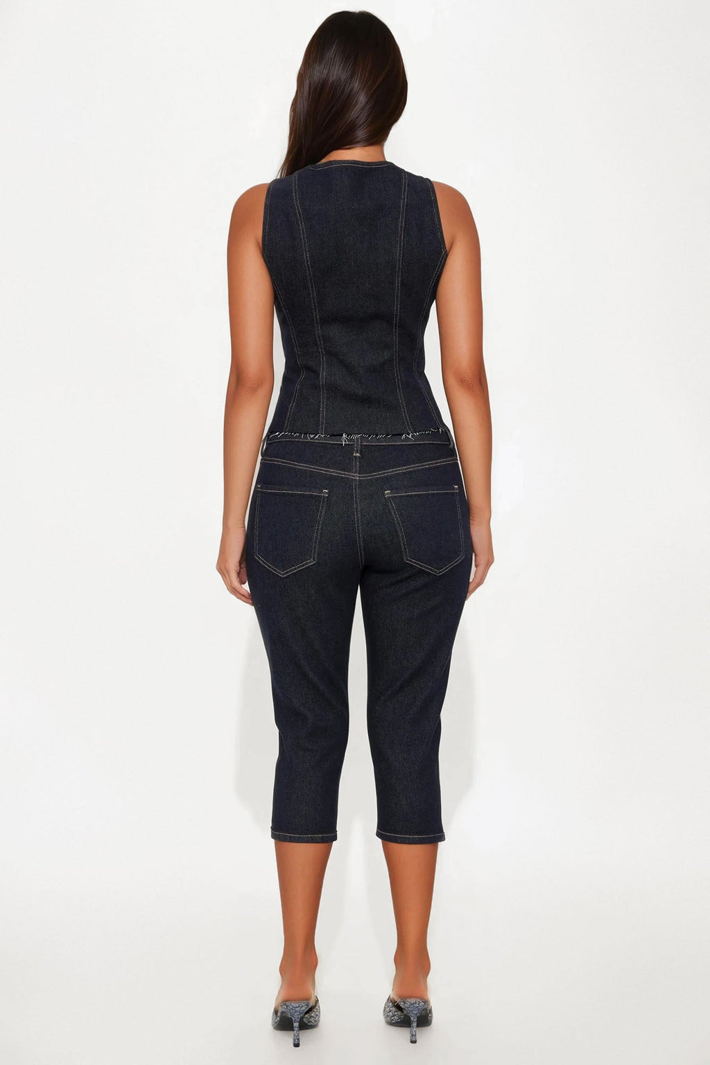 Dakota Denim Vest And Capri Set - Dark Wash