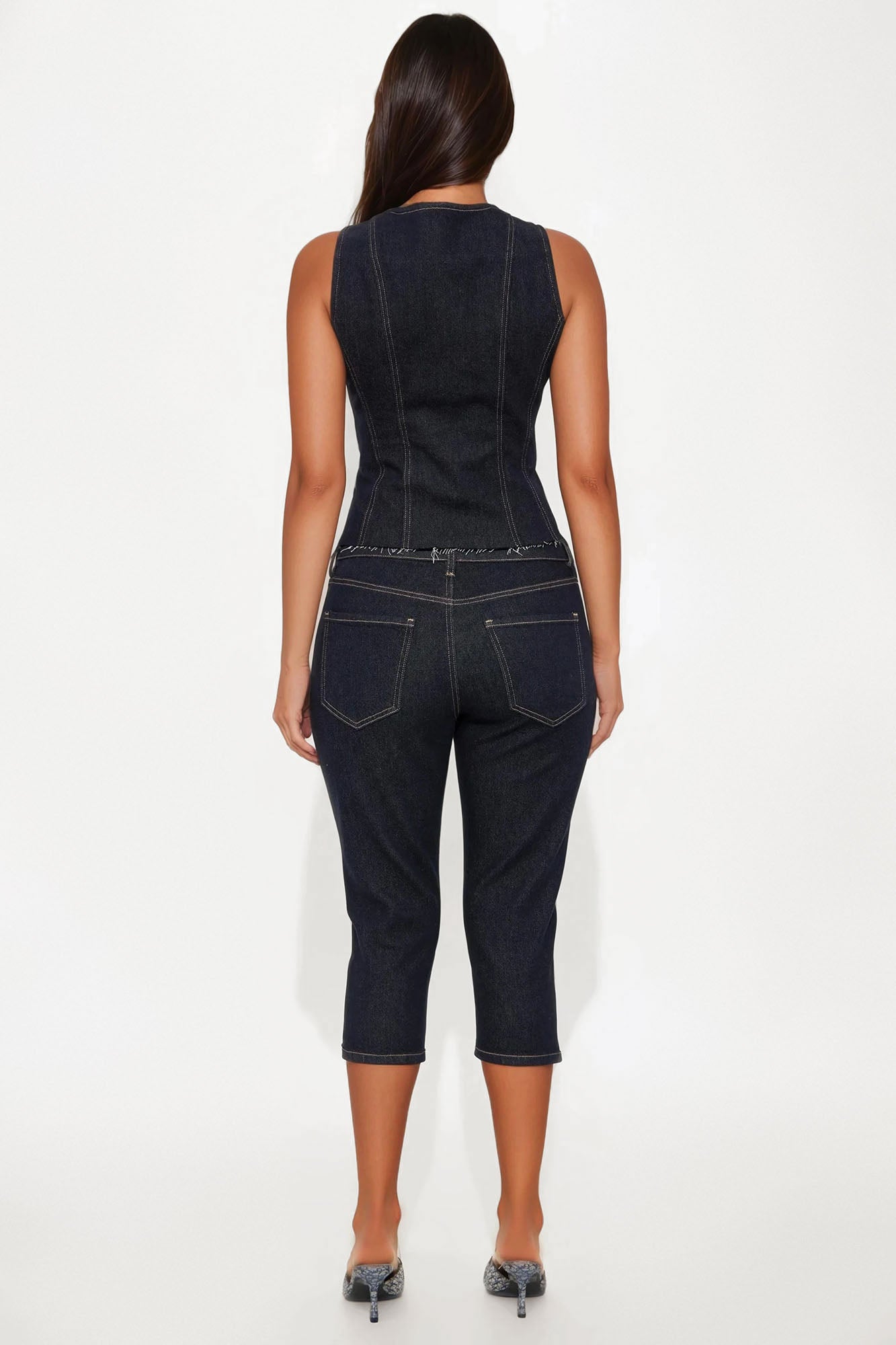 Dakota Denim Vest And Capri Set - Dark Wash