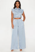 Sandra Satin Wide Leg Pant Set - Slate Blue