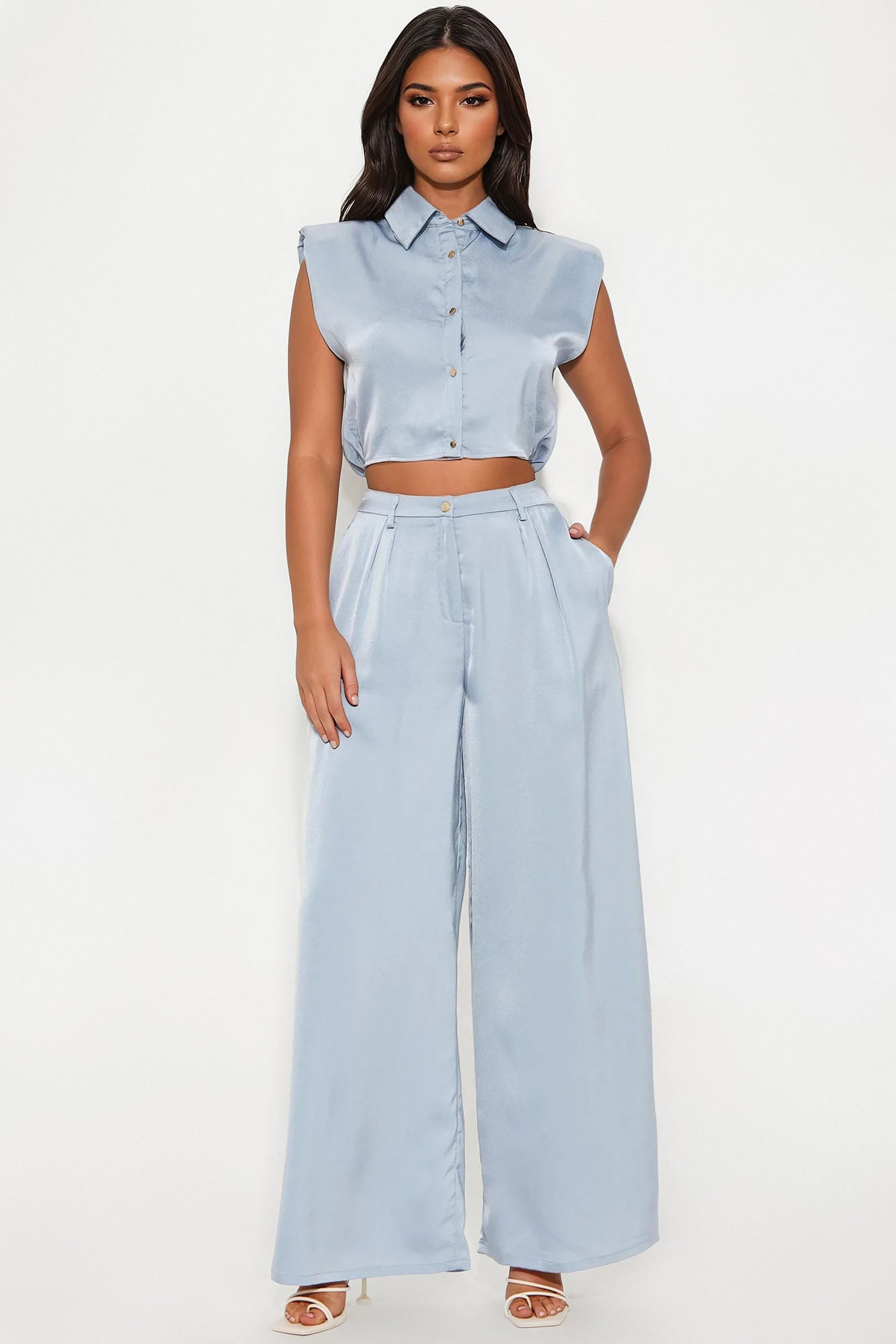 Sandra Satin Wide Leg Pant Set - Slate Blue