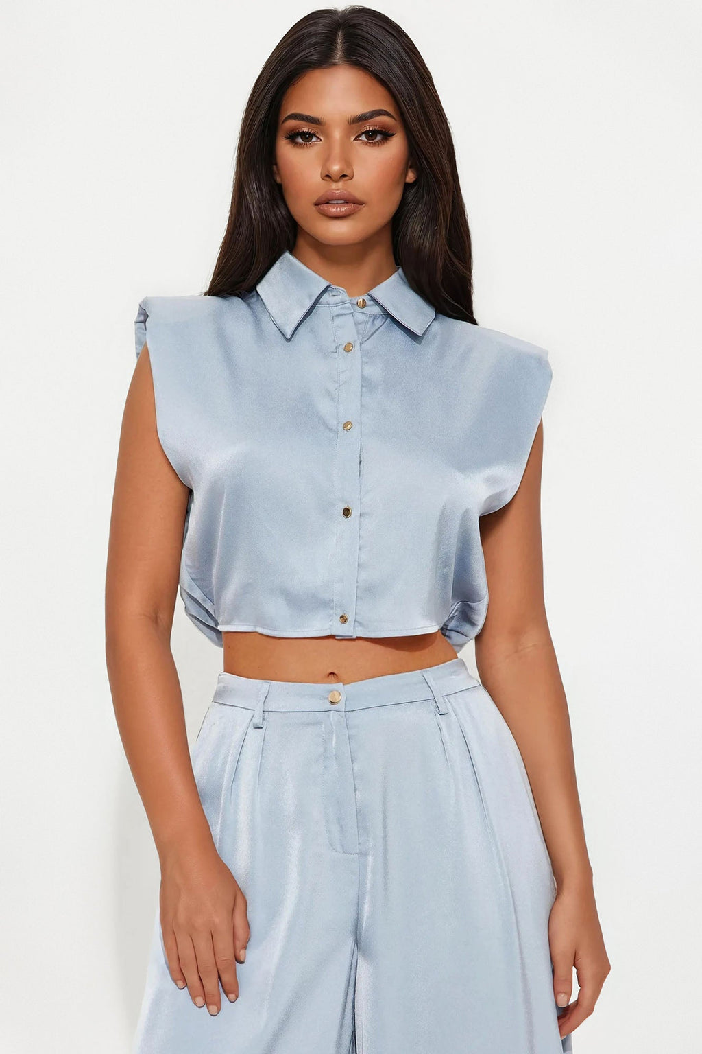 Sandra Satin Wide Leg Pant Set - Slate Blue