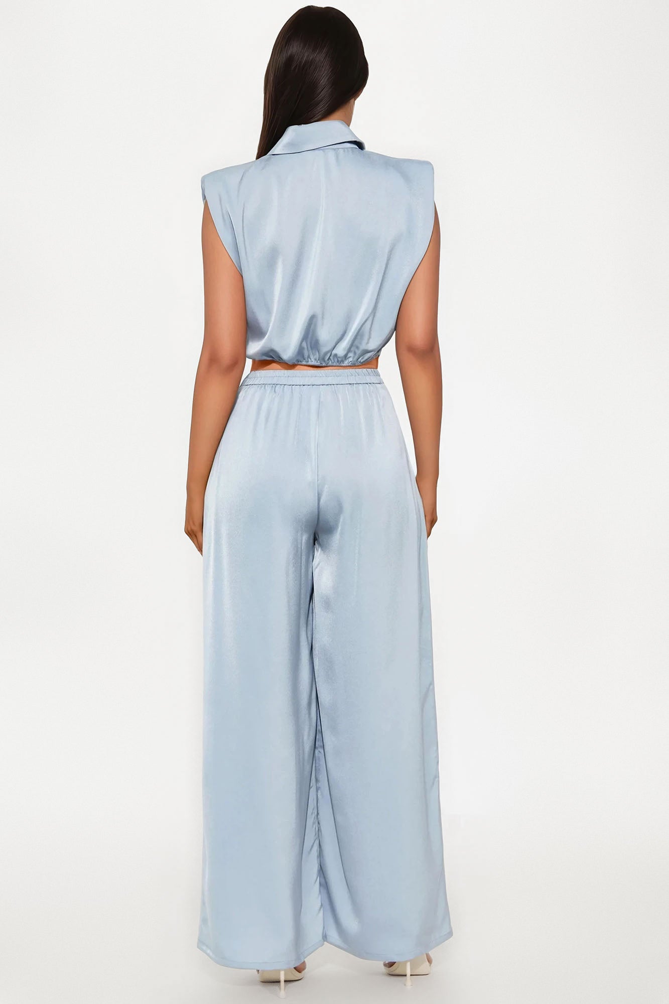 Sandra Satin Wide Leg Pant Set - Slate Blue