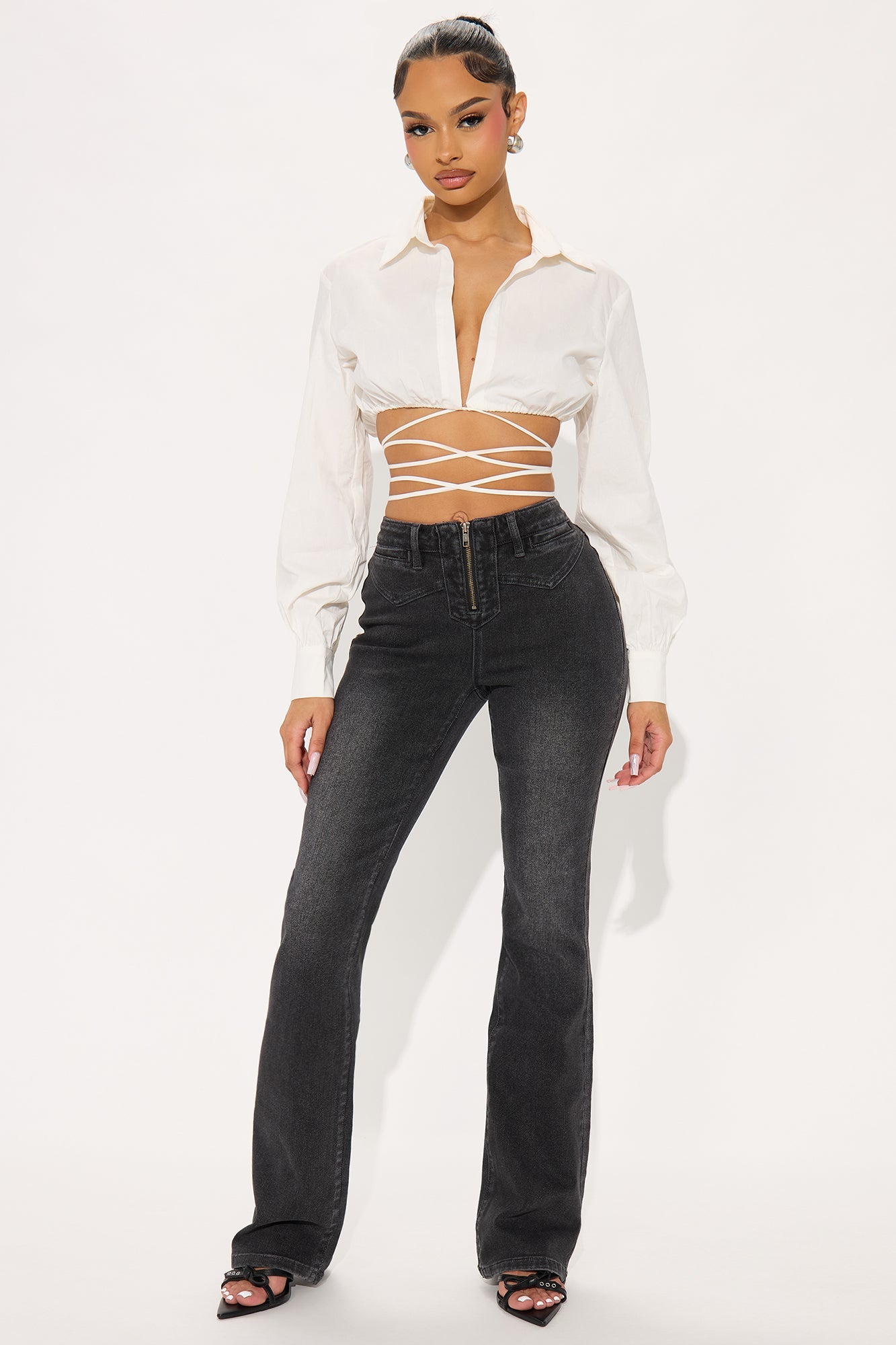 Gaby Zip Front Flare Leg Jeans - Black Wash