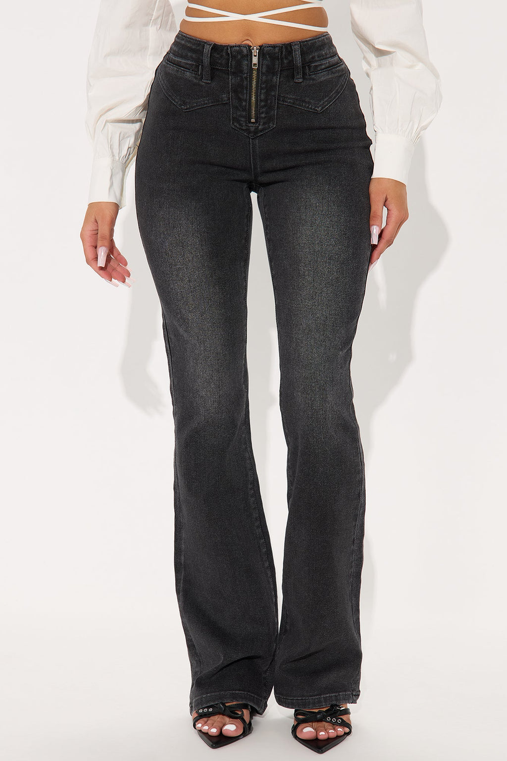 Gaby Zip Front Flare Leg Jeans - Black Wash