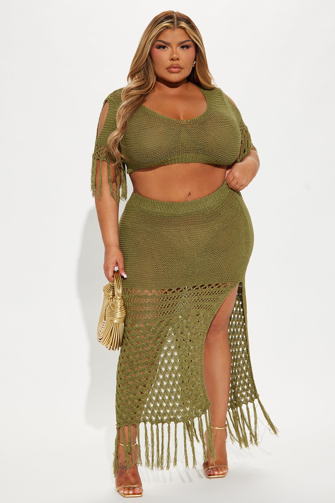 Get Away With It Crochet Skirt Set - Olive