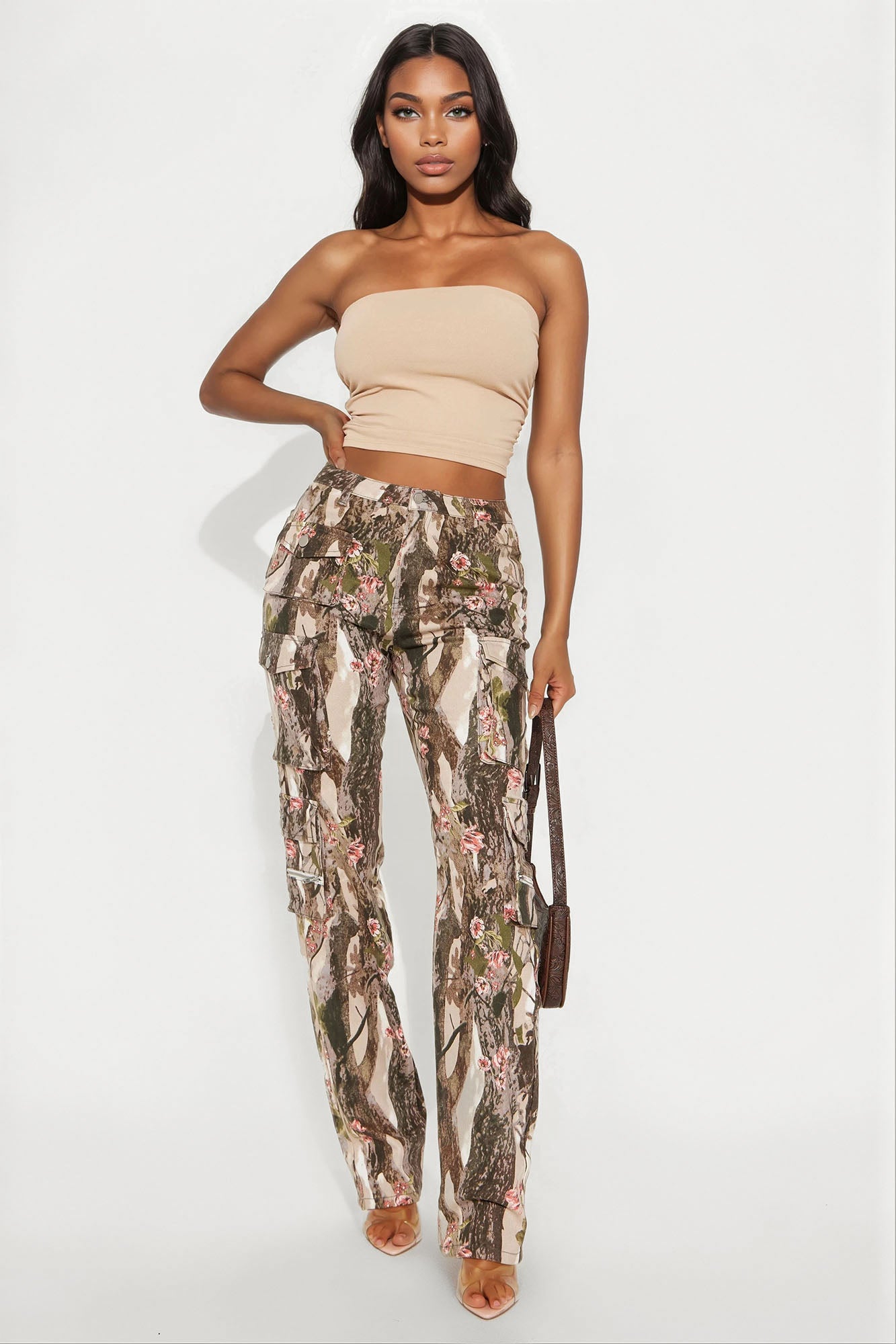 Tall By A Long Shot Floral Camo Stretch Cargo Jeans - Taupe/combo