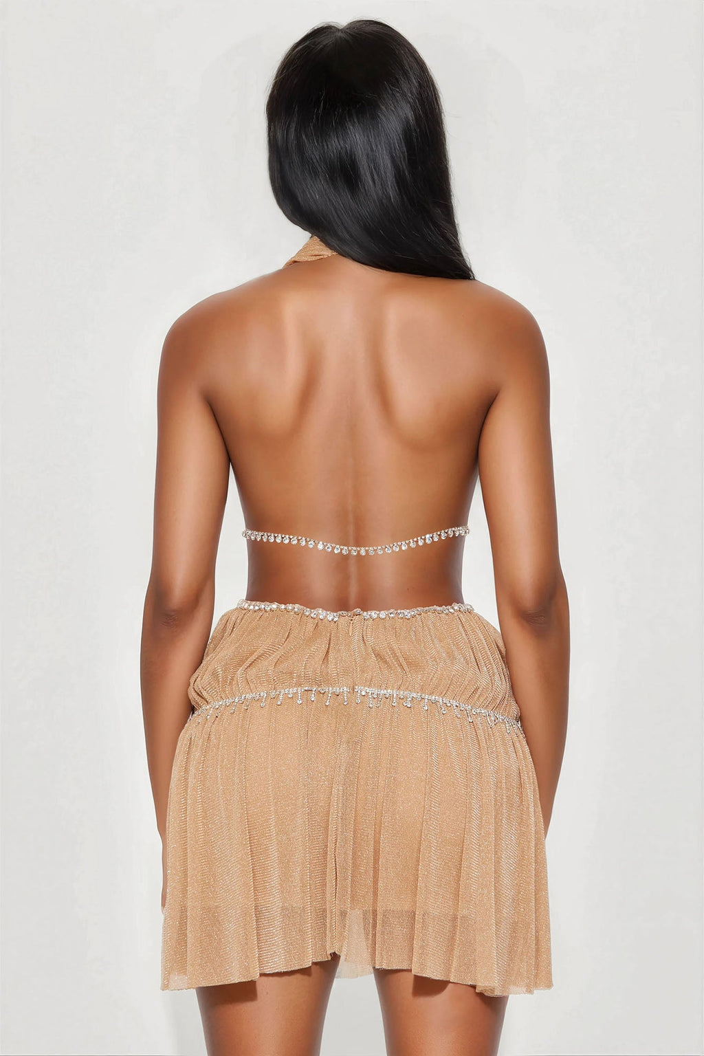 Falling Star Glitter Mesh Mini Dress - Nude