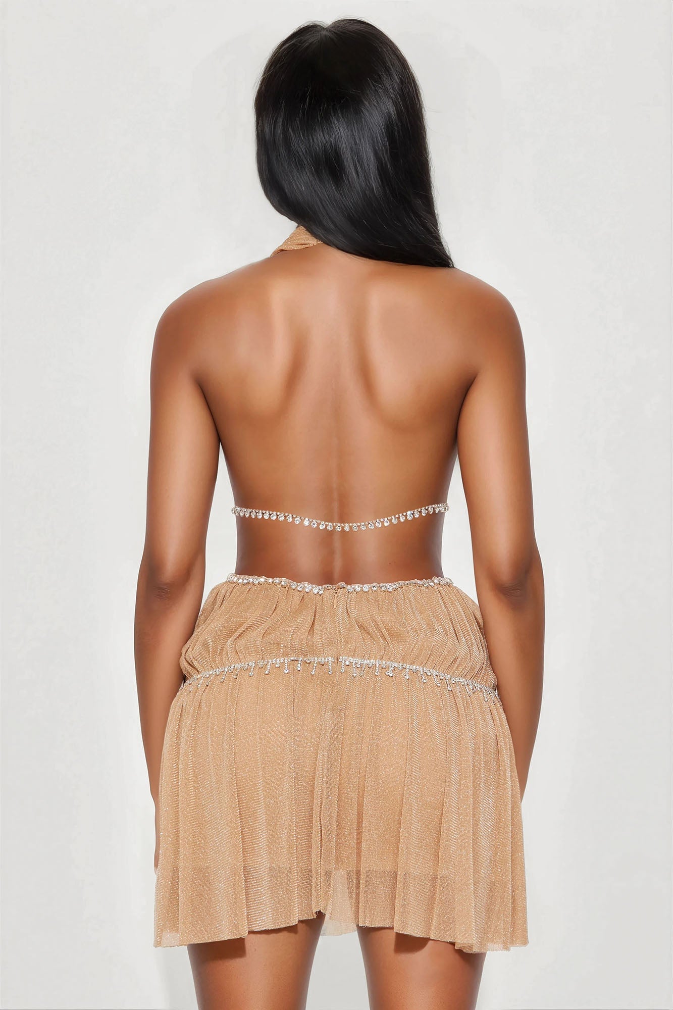 Falling Star Glitter Mesh Mini Dress - Nude