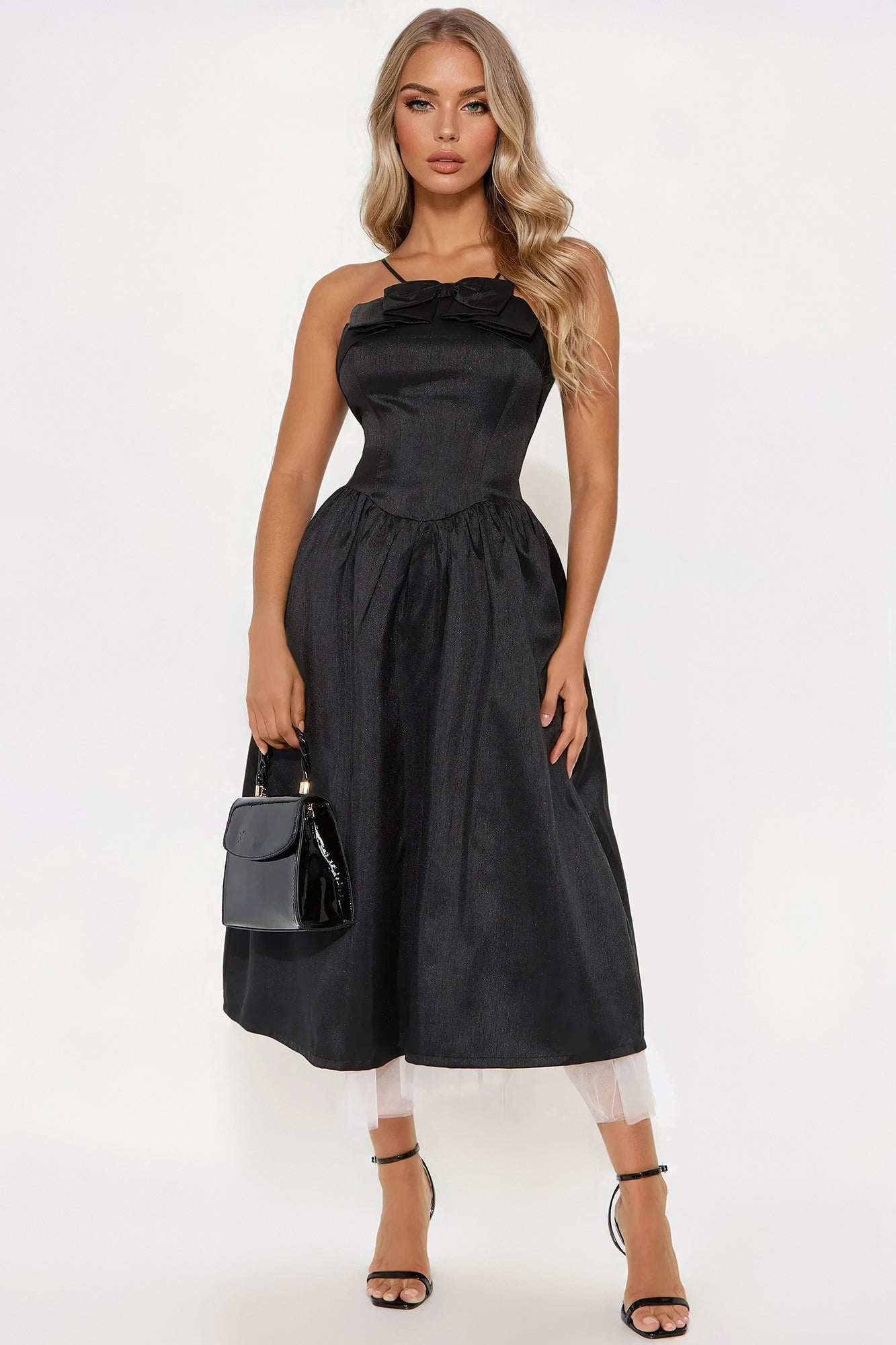 Take A Bow Satin Midi Dress - Black