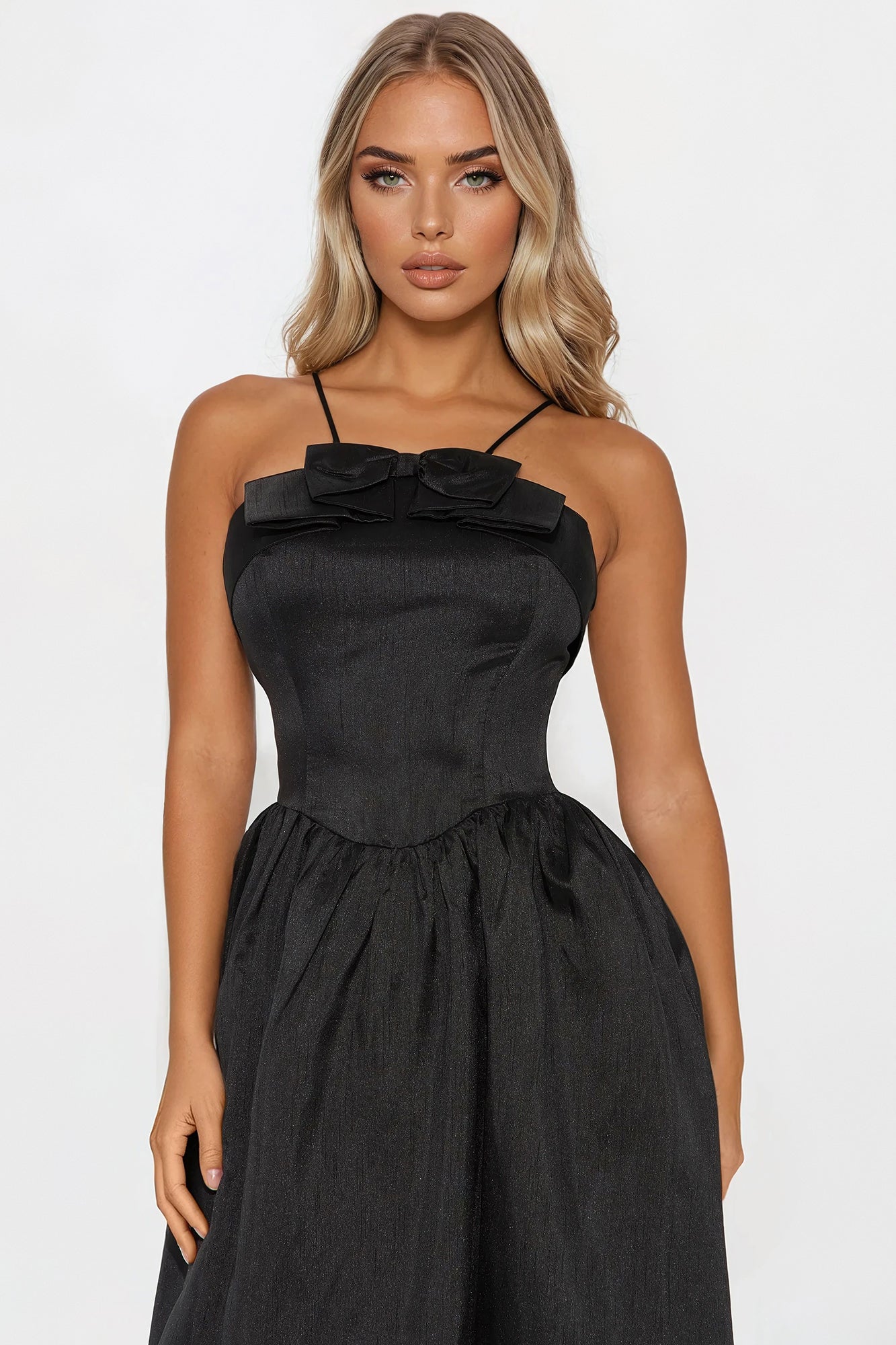 Take A Bow Satin Midi Dress - Black