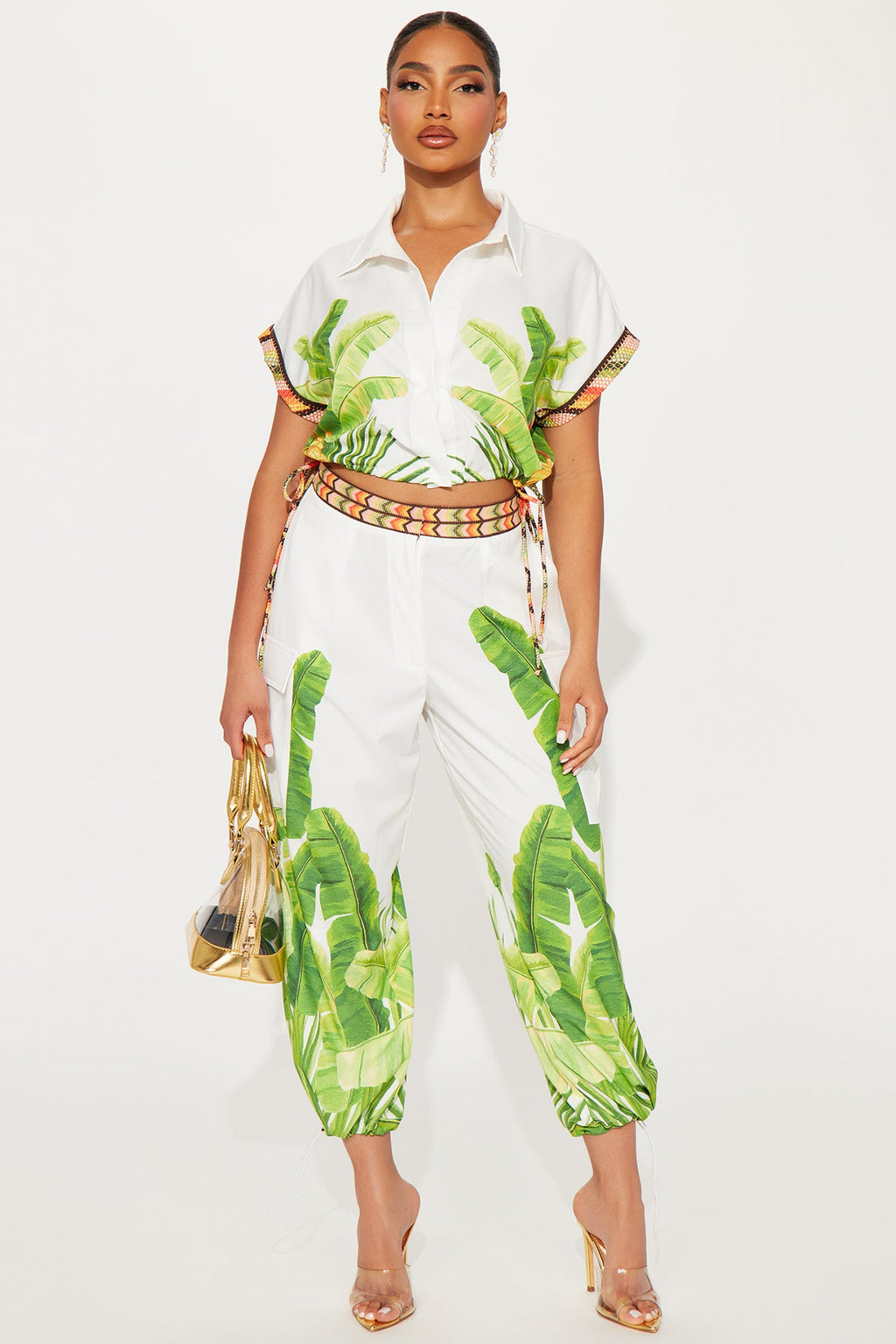 Tropical Oasis Satin Jogger Set - White/combo