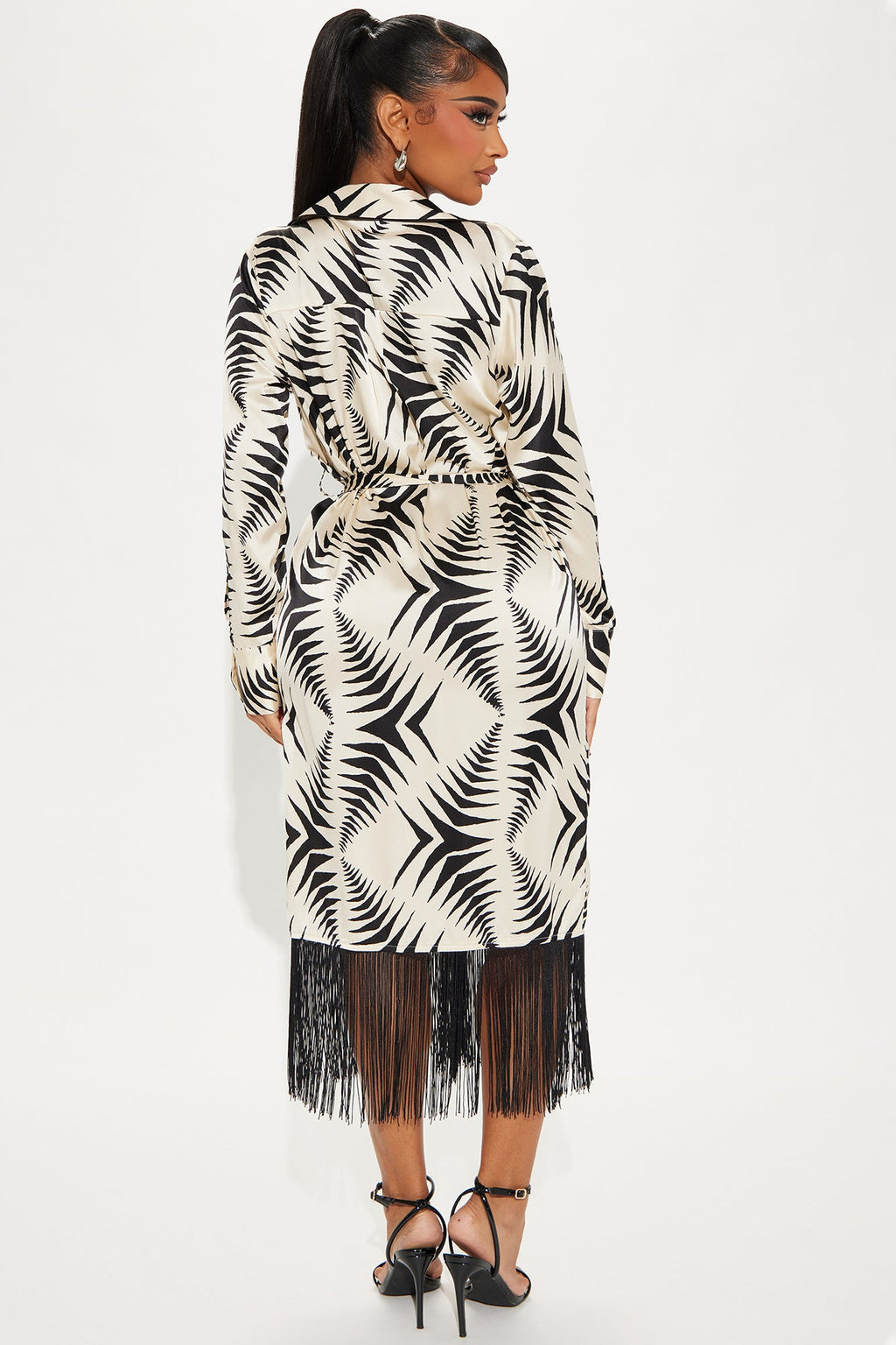 Fringe Finesse Satin Midi Dress - White/Black