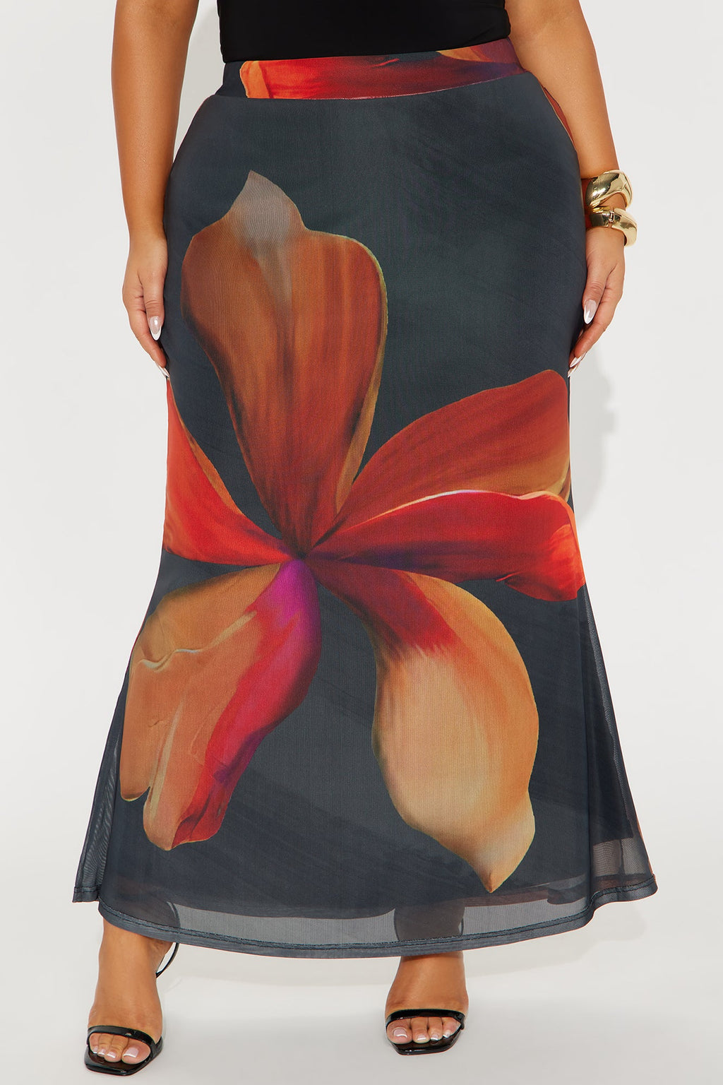 Into The Night Floral Mesh Maxi Skirt - Black/Orange