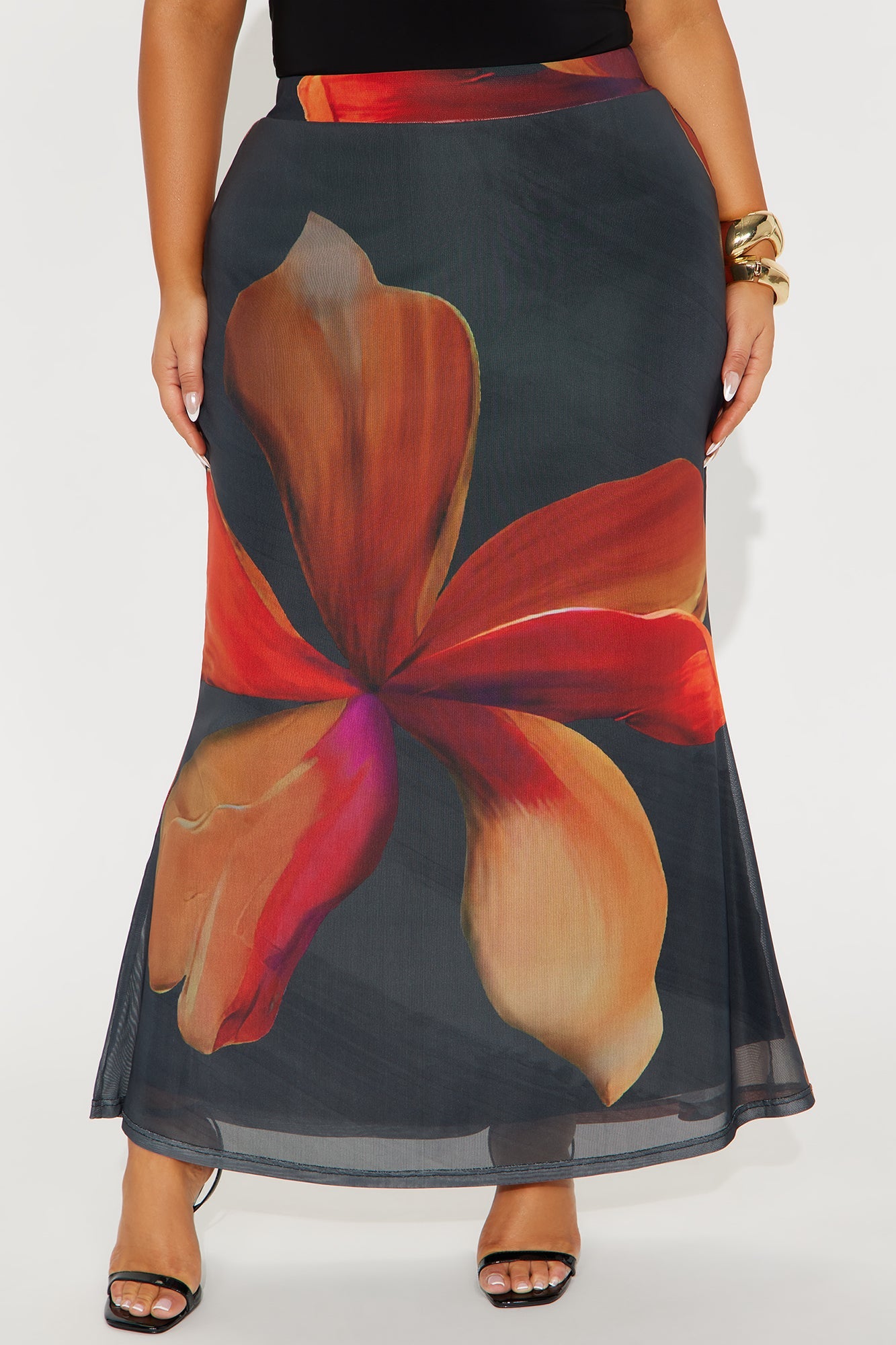 Into The Night Floral Mesh Maxi Skirt - Black/Orange